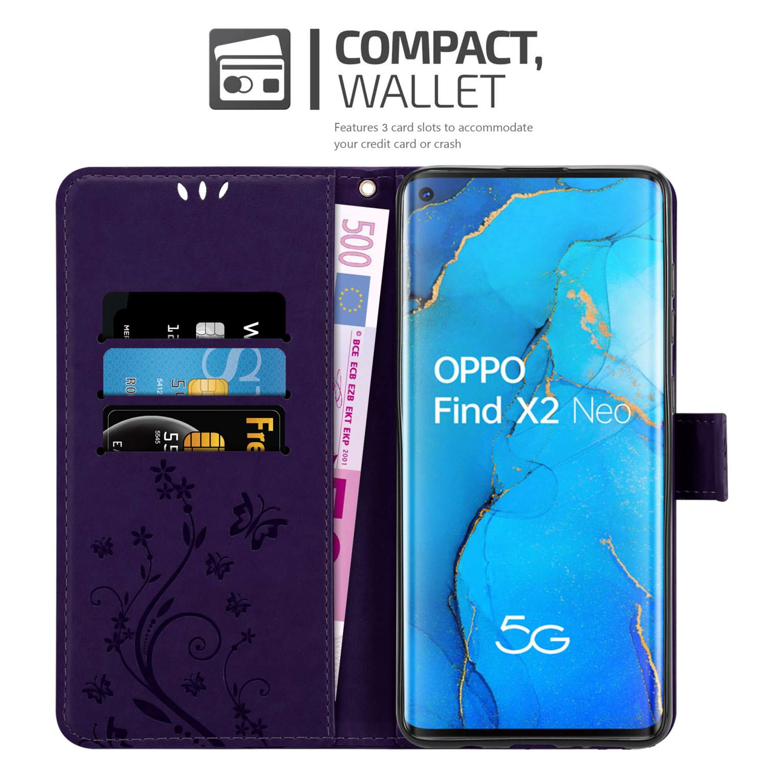 CADORABO Custodia in design floreale con chiusura magnetica, funzione stand e slot per carte CUSTODIA A LIBRO per FIND X2 NEO, Lilla