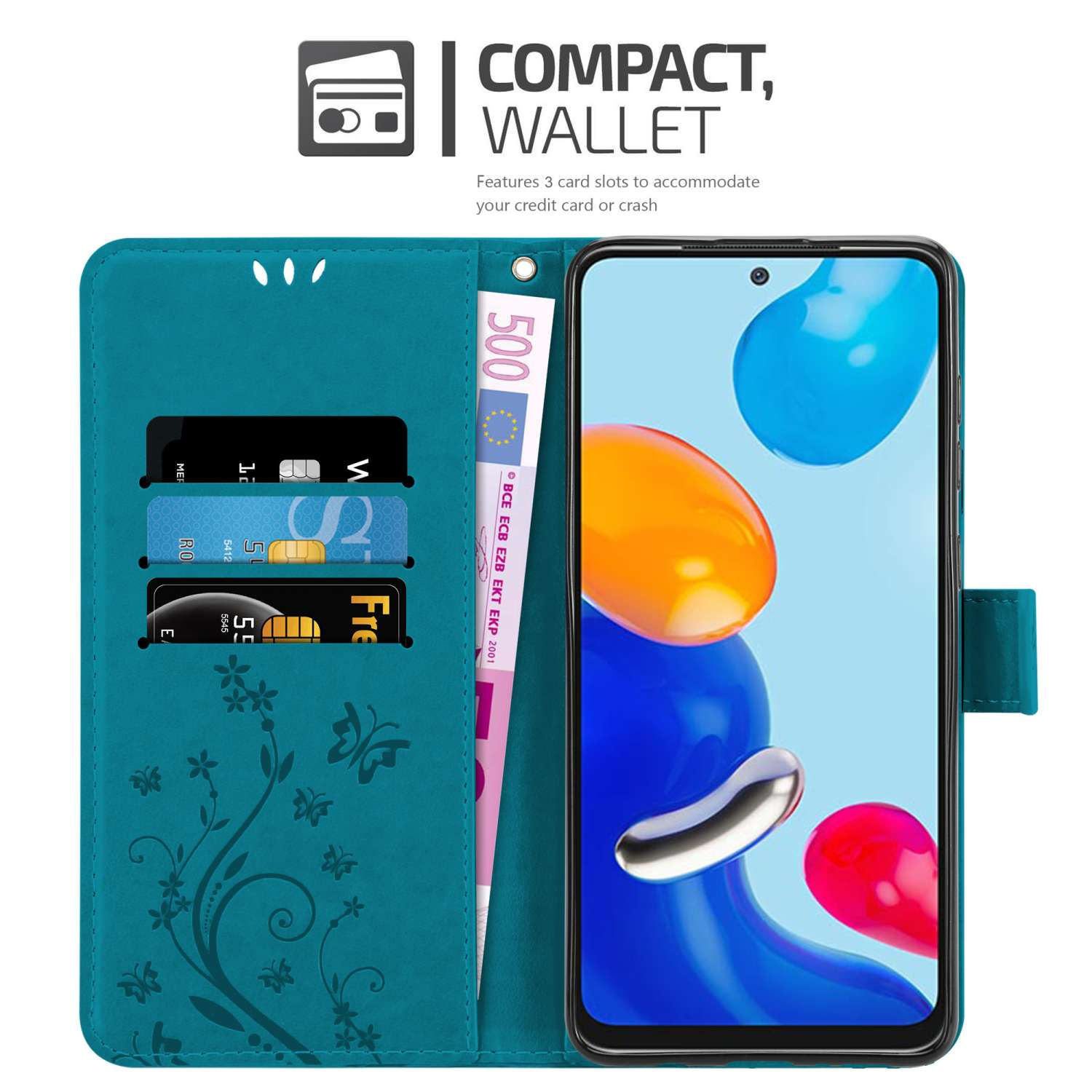 Custodia per telefono turchese con scomparti per carte, denaro all'interno e un telefono con sfondo colorato.