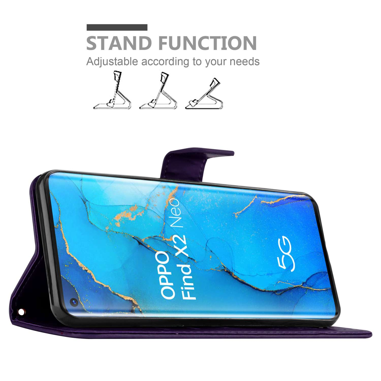 Una custodia per telefono viola, aperta per rivelare un telefono che visualizza del testo.