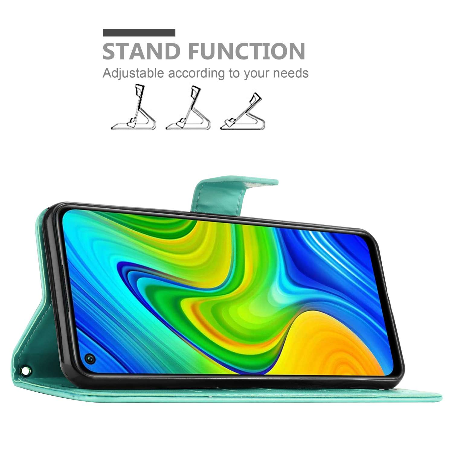 Custodia turchese con telefono dentro, aperta. Testo: Funzione supporto, regolabile.
