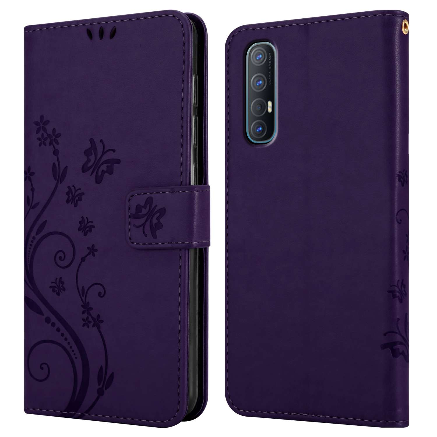 Custodia viola, aperta, che mostra lo schermo del telefono e un intricato design floreale.