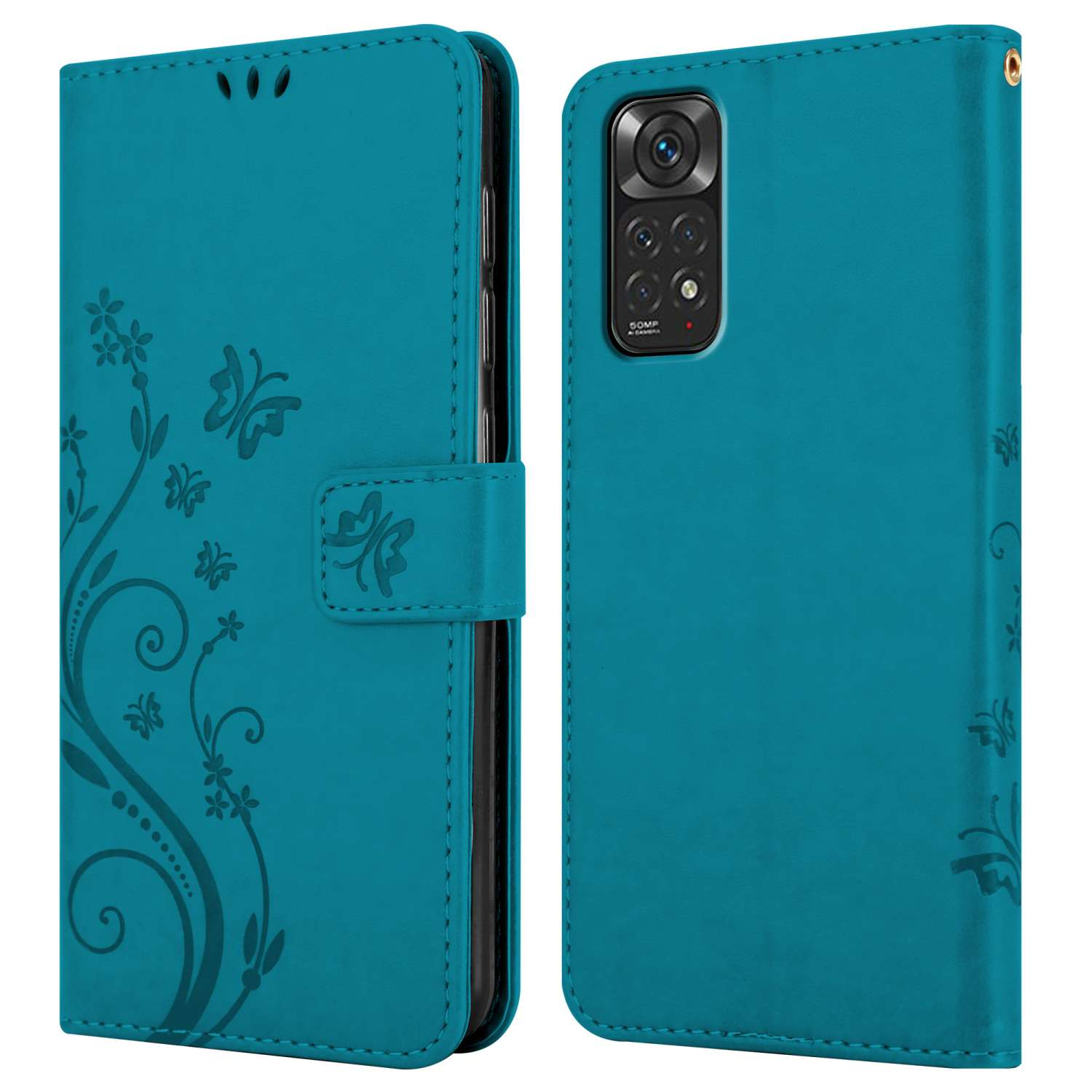 Custodia per telefono verde acqua con un disegno a farfalla. Il telefono è aperto e mostra uno schermo.