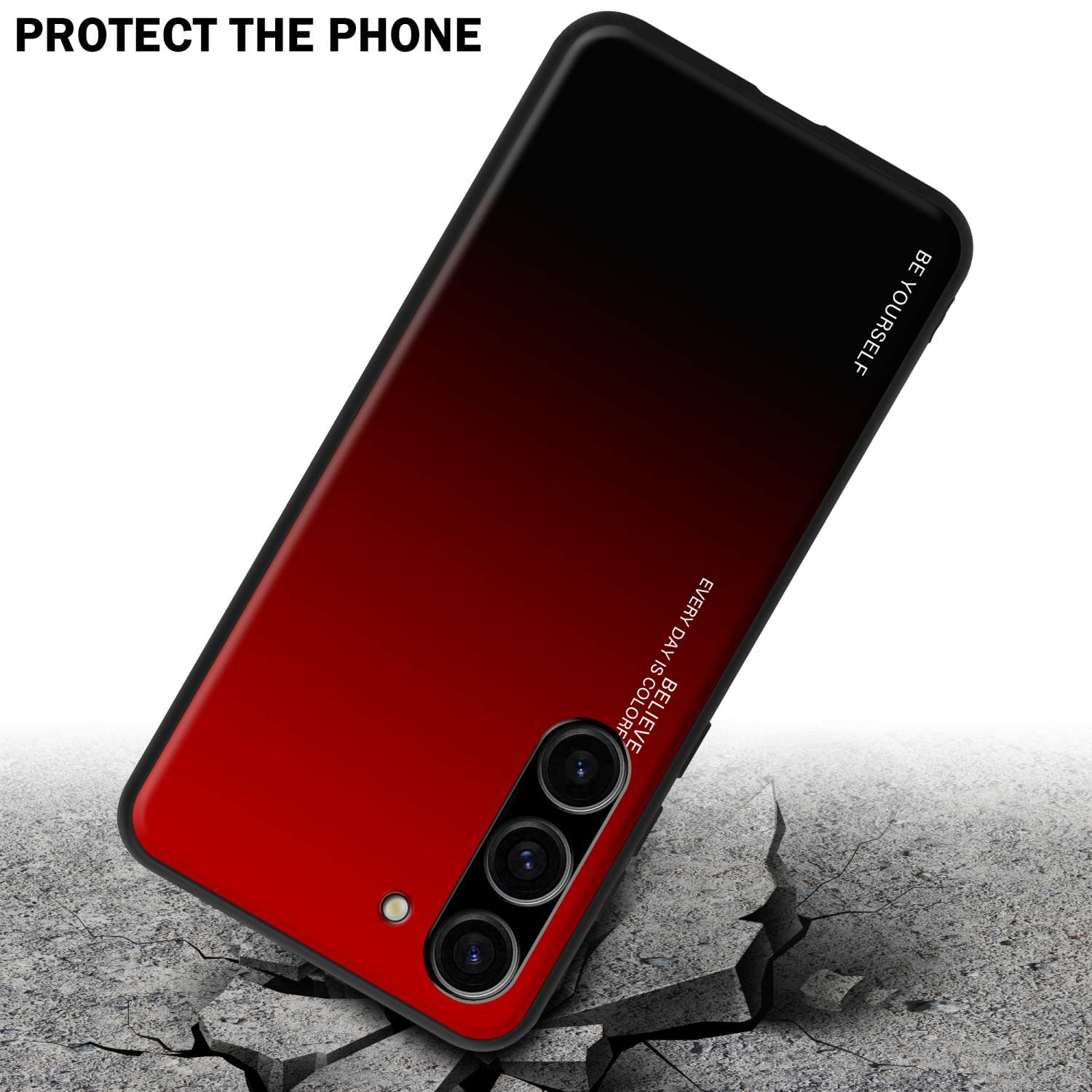 Custodia per telefono con sfumatura rossa e nera su superficie incrinata. Il testo dice 'PROTECT THE PHONE'.