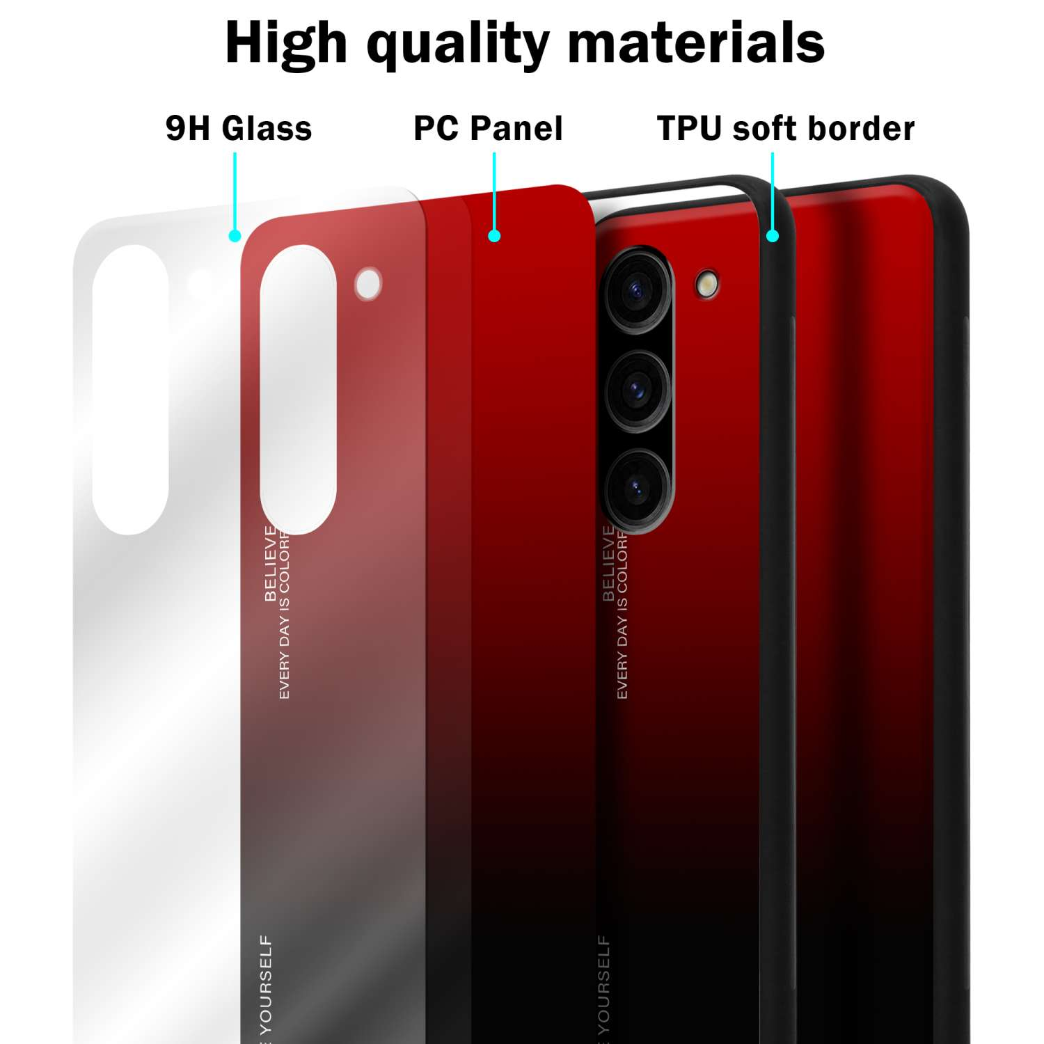 Custodia per telefono con materiali di alta qualità. La custodia è realizzata in vetro 9H, pannello PC e bordo morbido in TPU.