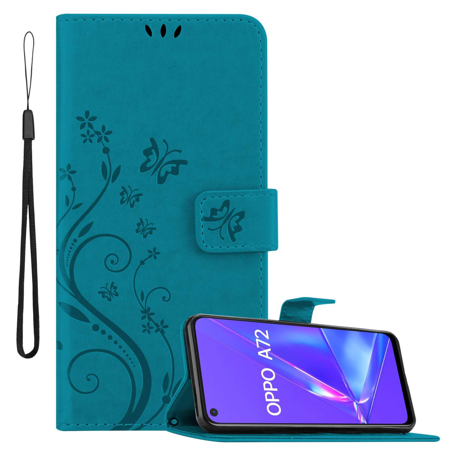 CADORABO Hülle Blumen Muster Flower BLAU Bookcover, A72, Case, FLORAL Oppo