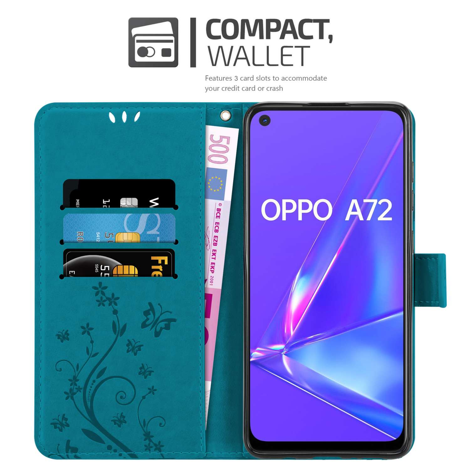 Custodia a portafoglio teal aperta, telefono visibile, con slot per carte e denaro. Il telefono mostra 'OPPO A72'.