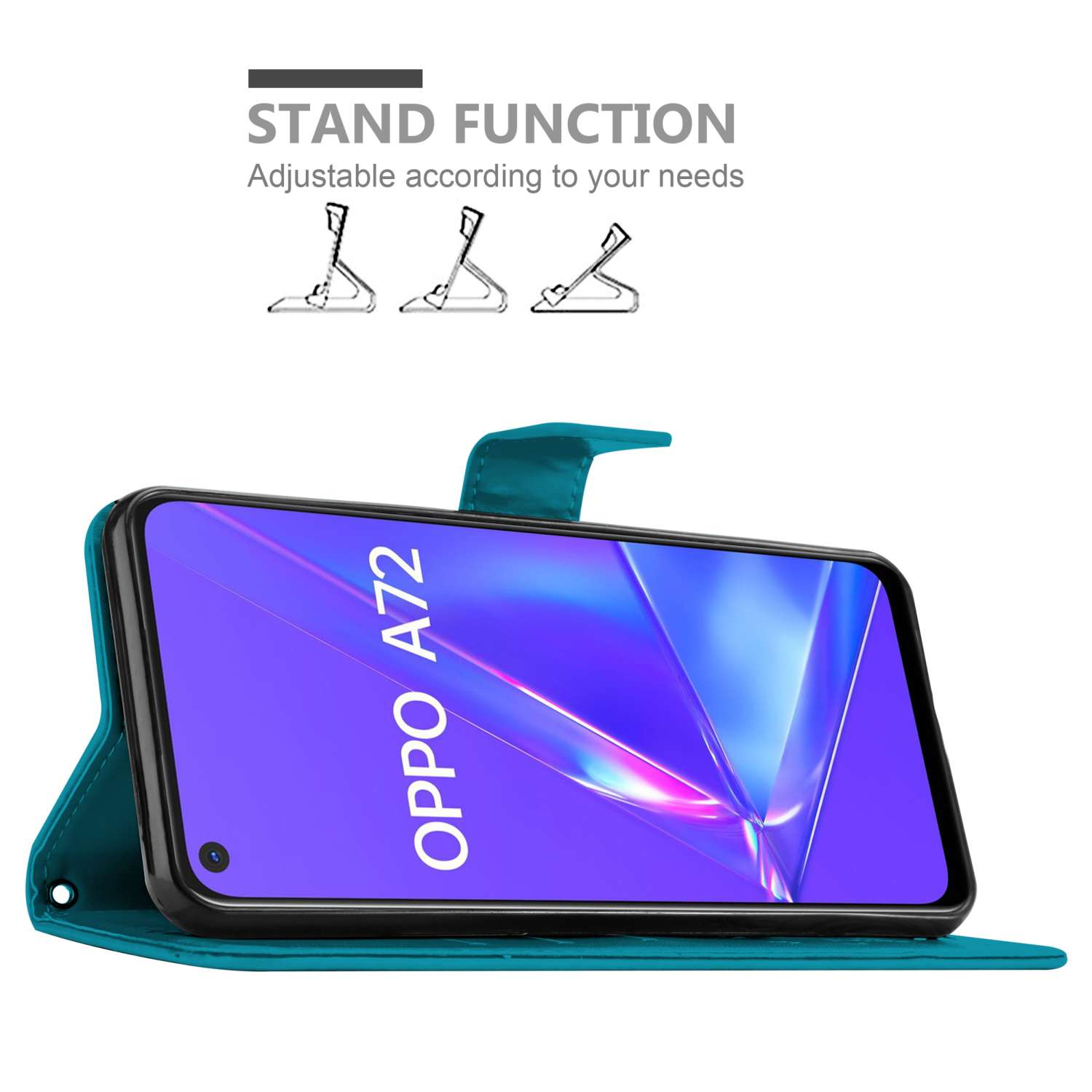 Telefono in una custodia a portafoglio verde acqua con funzione stand. La custodia è aperta, è mostrato un supporto.