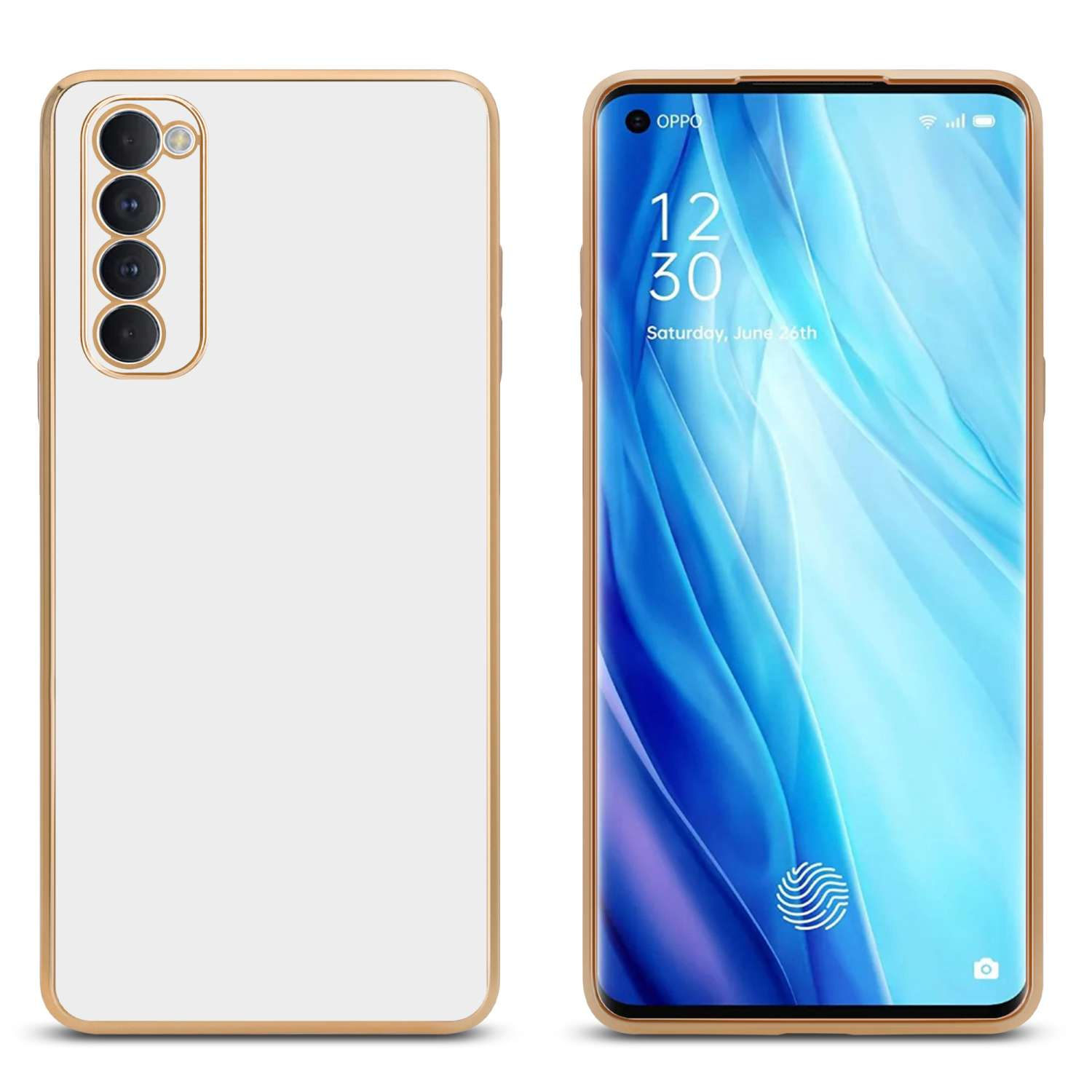 Due telefoni, uno con retro bianco e cornice dorata, uno con schermo con data.
