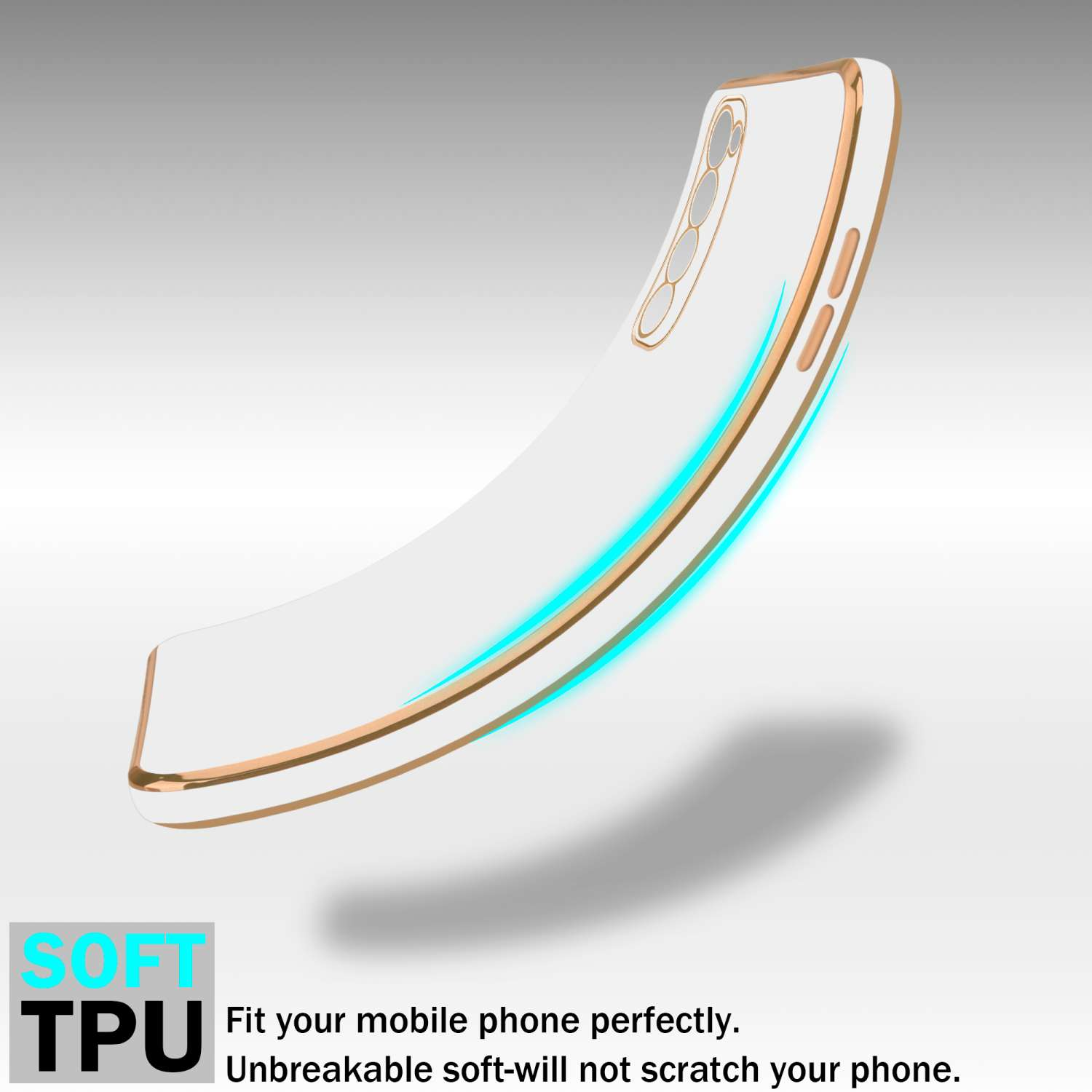 Una custodia per telefono bianca con finiture dorate e un'etichetta in materiale TPU morbido.
