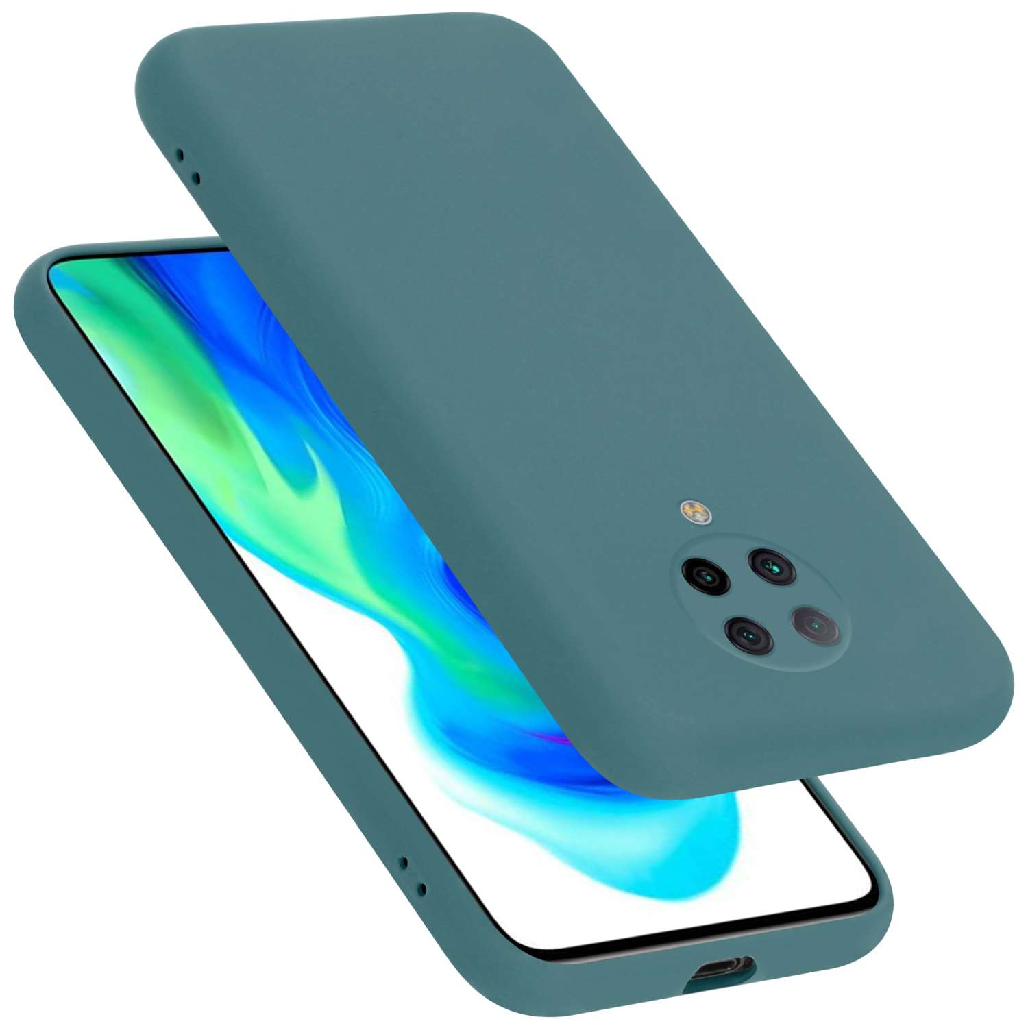 Funda turquesa con teléfono dentro. La funda está encima del teléfono. La parte trasera del teléfono.