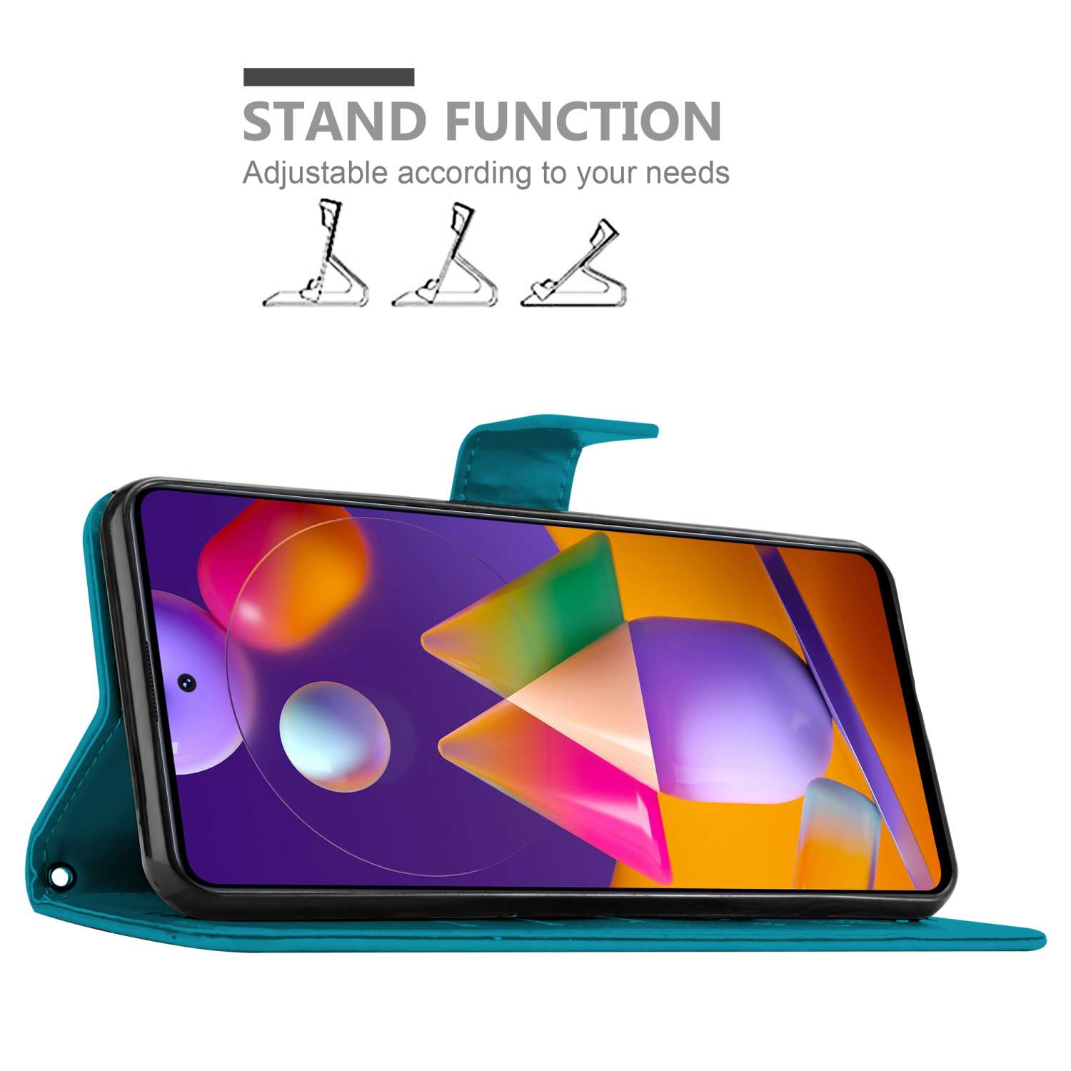 Telefono in custodia verde acqua, aperto, mostra lo schermo. Grafica funzione stand con illustrazioni di supporto regolabile.