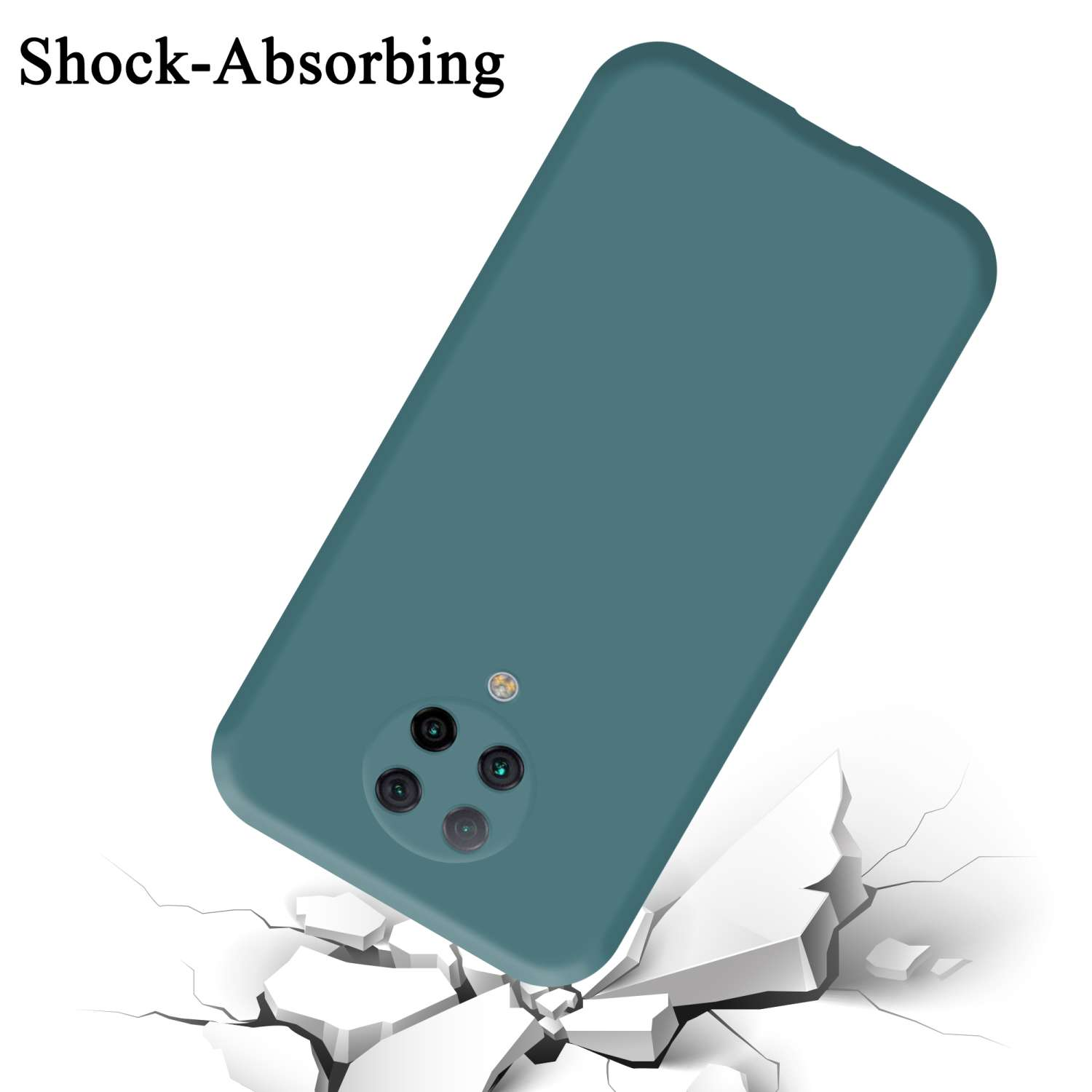 Una funda de teléfono verde azulado cayendo y rompiendo el suelo.