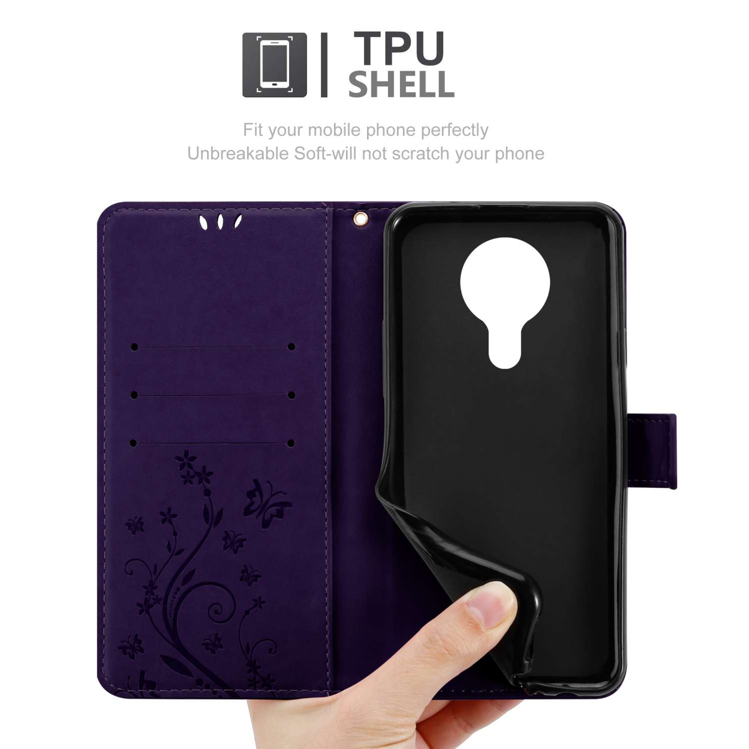 Custodia per telefono viola in stile libro con una custodia nera all'interno. Ha una decorazione a farfalla.