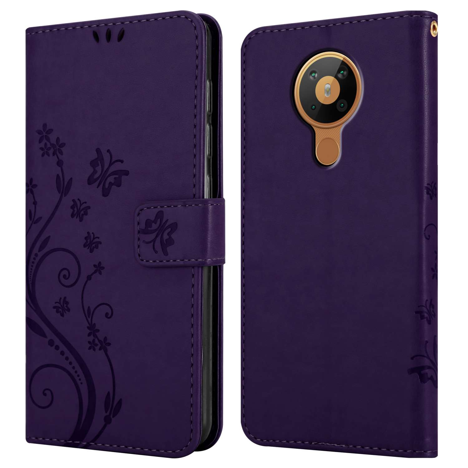 Custodia per telefono viola con un design a farfalla. La custodia è aperta, mostrando il telefono e i dettagli interni.