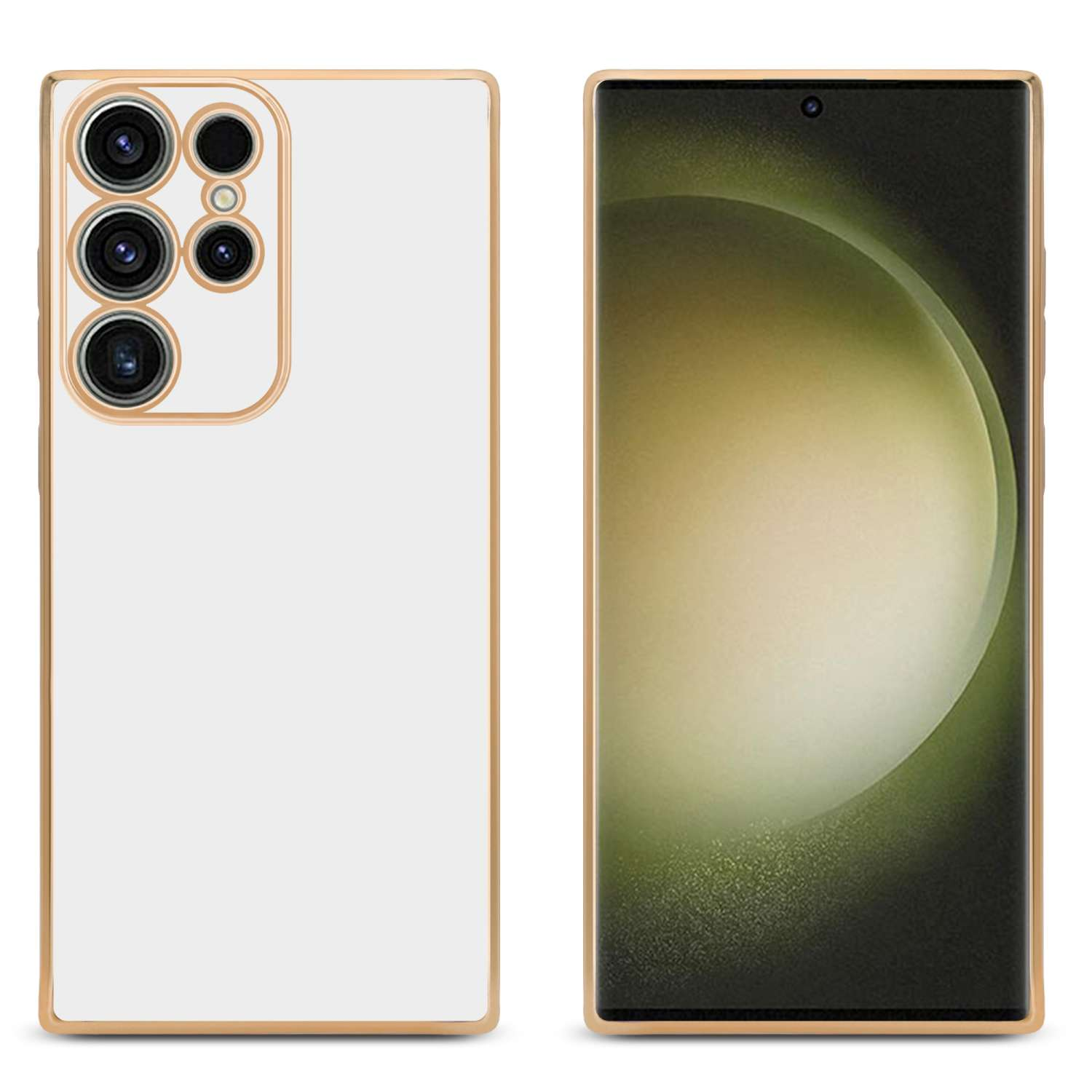 Due smartphone, cornice dorata, retro bianco. Uno mostra uno schermo.
