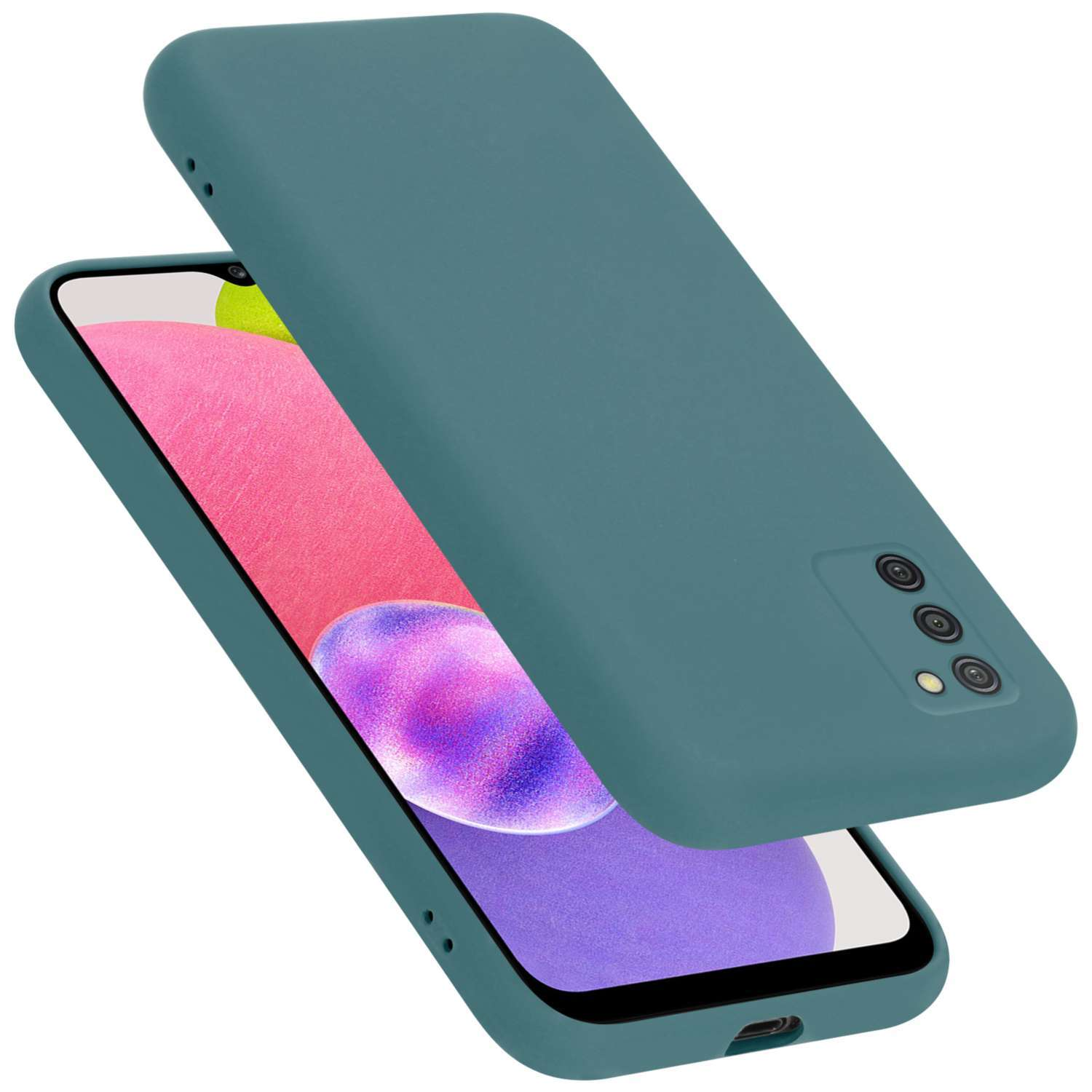 Zwei Telefone mit tealfarbenen Hüllen auf weißem Hintergrund, eines überlappt das andere, Bildschirm sichtbar.