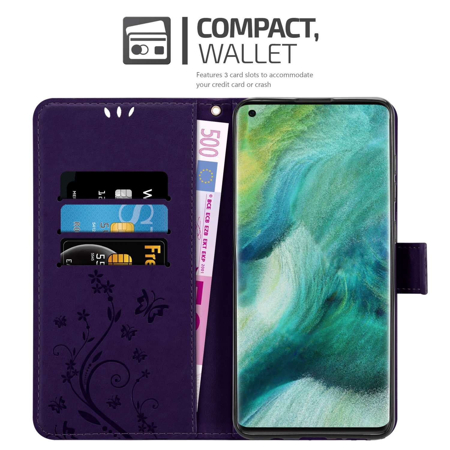 Portafoglio per telefono viola aperto, che mostra carte e una banconota da 500 euro. Telefono visibile.