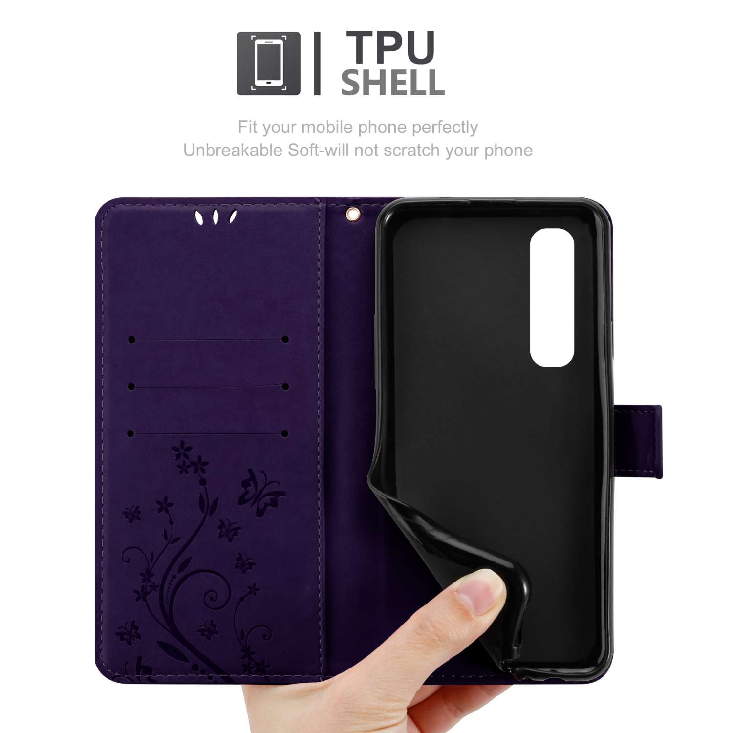 Custodia viola aperta, con telefono nero. Design floreale e fessure per carte.