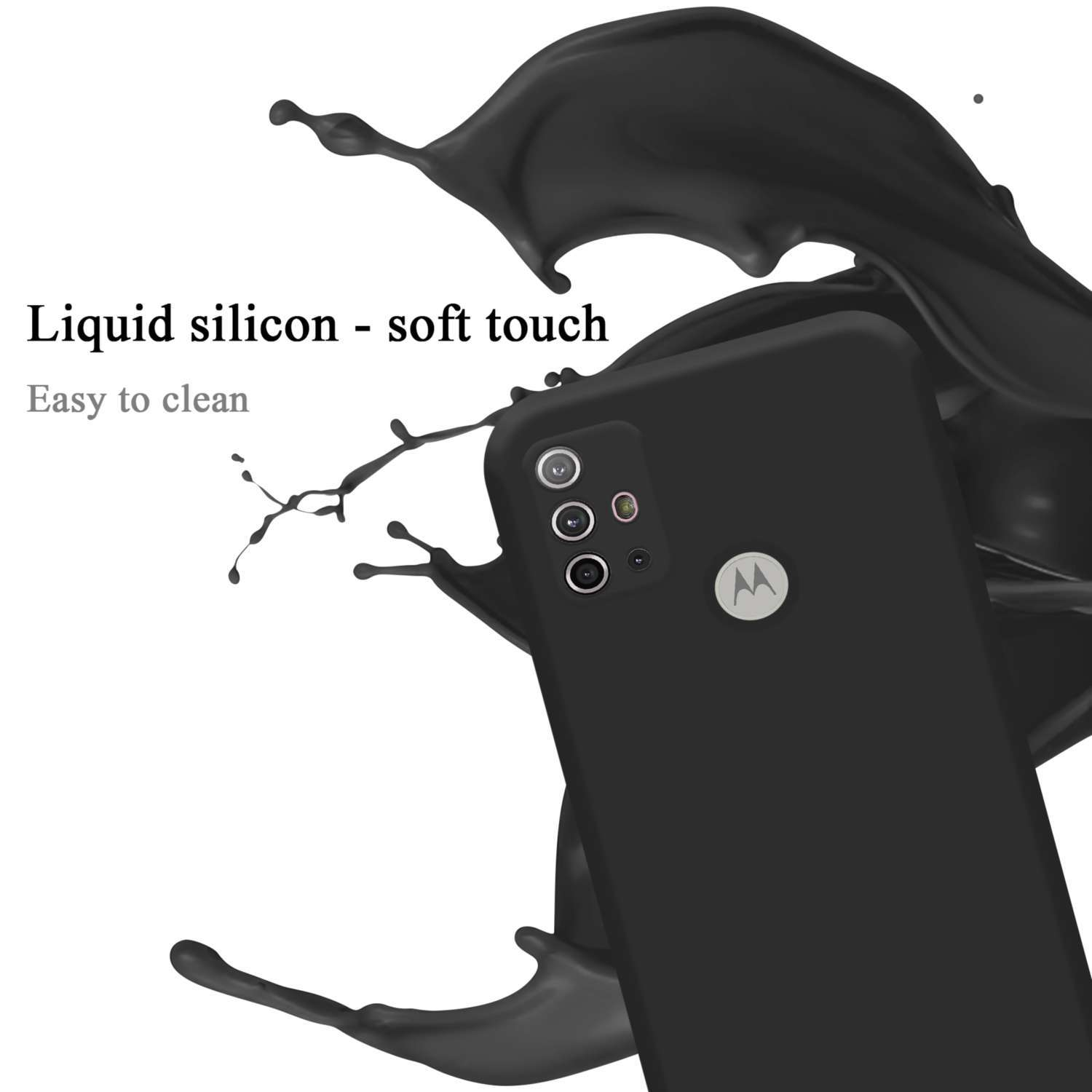 Custodia nera per telefono con effetto schizzo di liquido. Ha tre lenti per fotocamera e il logo Motorola.