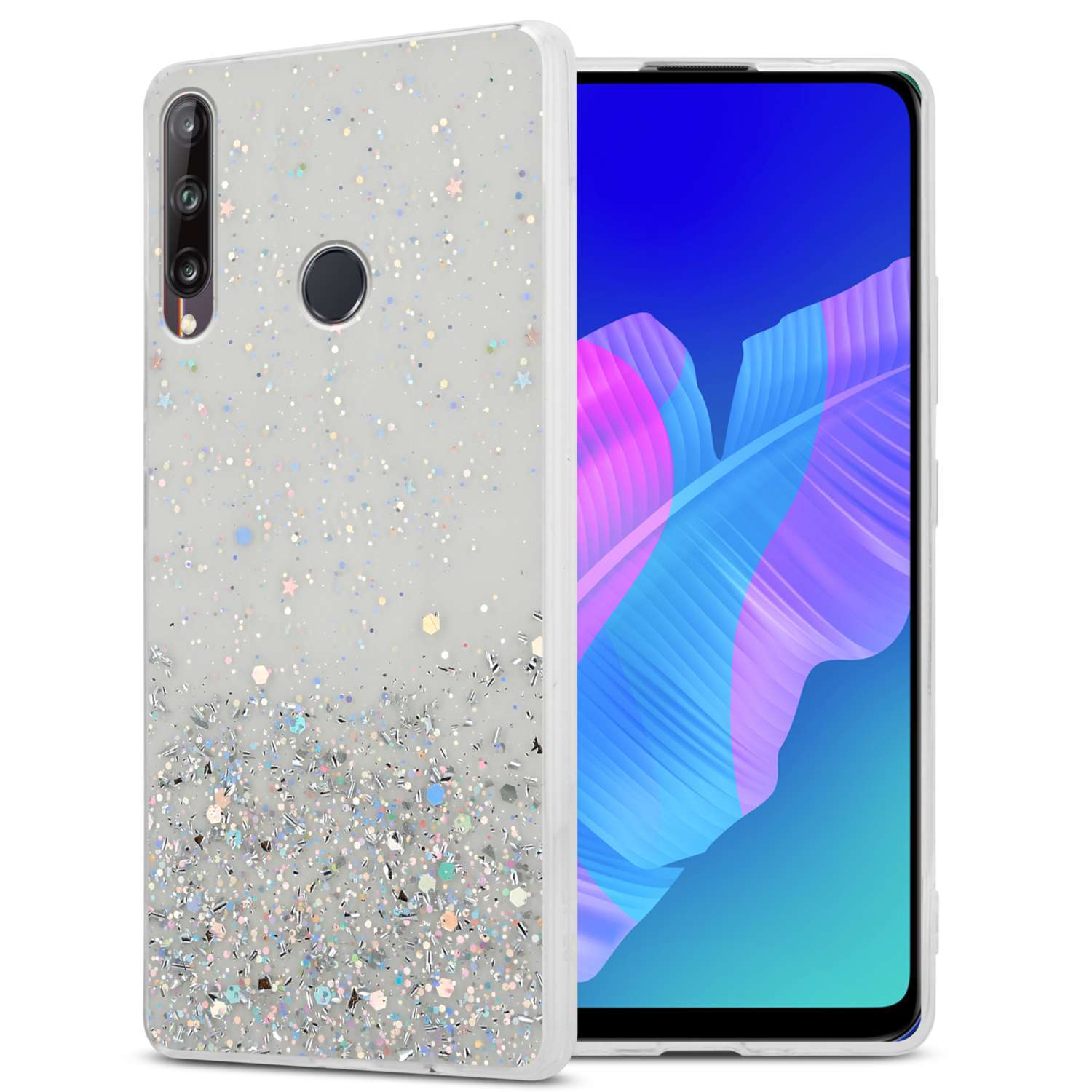Eine Handyhülle mit Glitzerdesign. Das Telefon ist ebenfalls sichtbar.