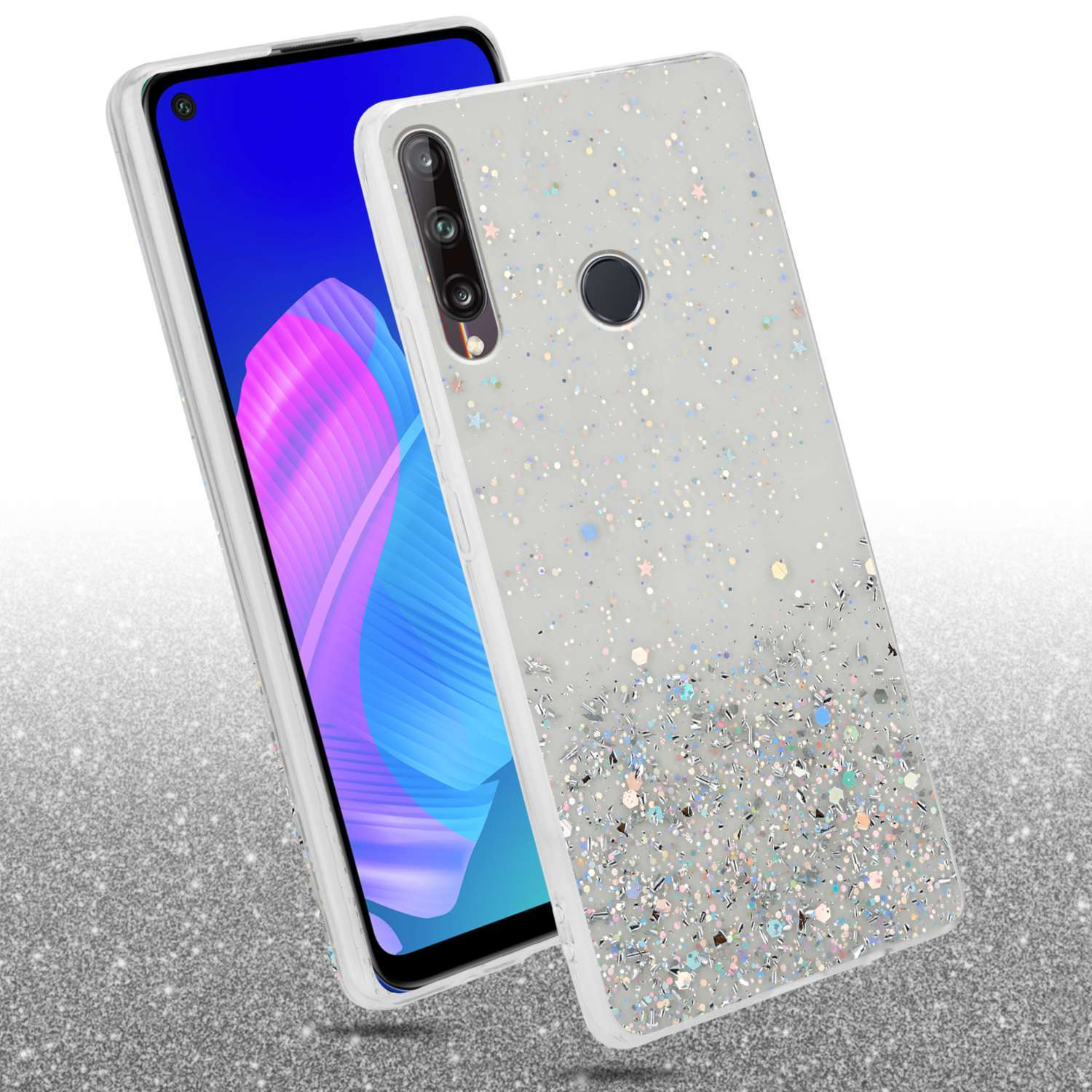 Handyhülle mit Glitzer. Ein Telefonbildschirm ist sichtbar. Glitzer breitet sich nach unten aus.
