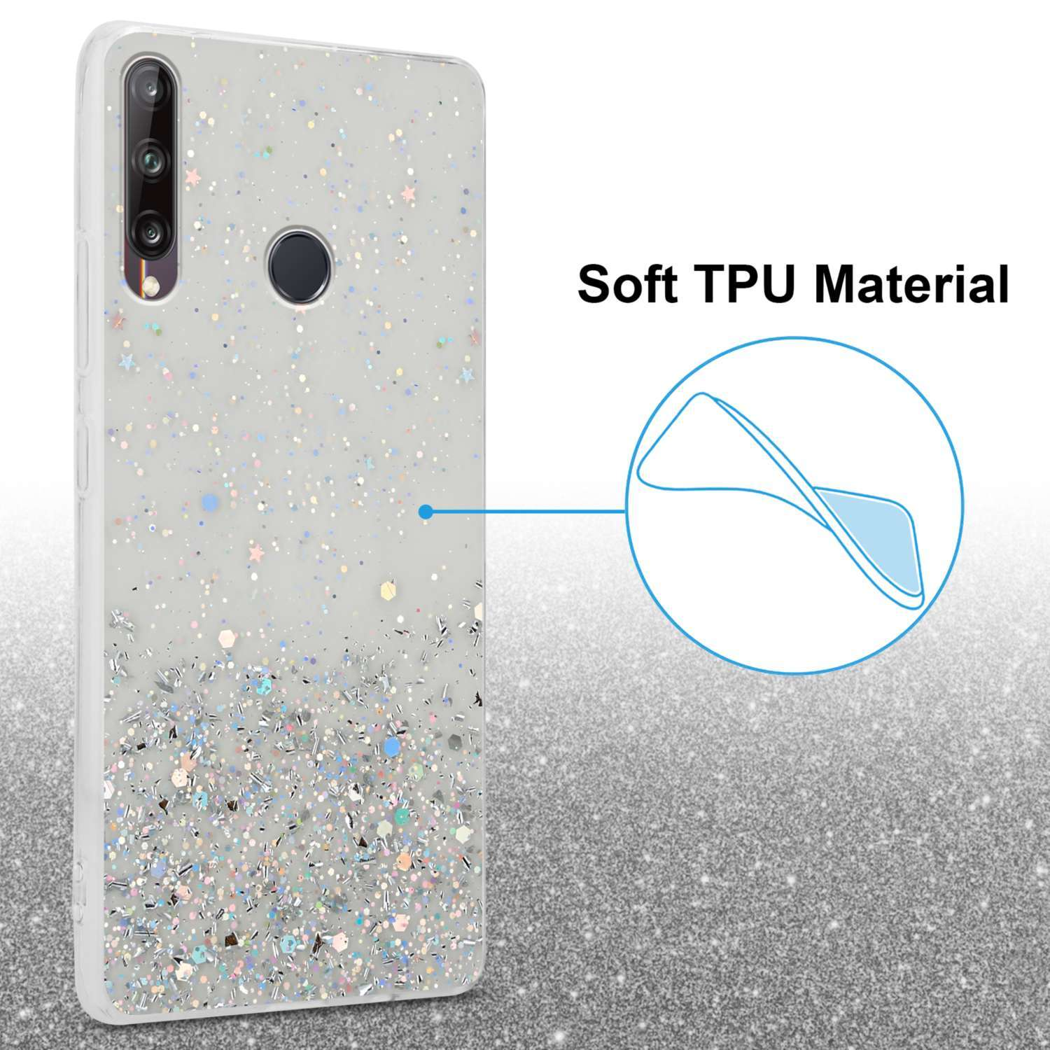 Glitzernde Handyhülle mit Sternen. Die Hülle ist weiß und silber. Der Hintergrund glitzert.