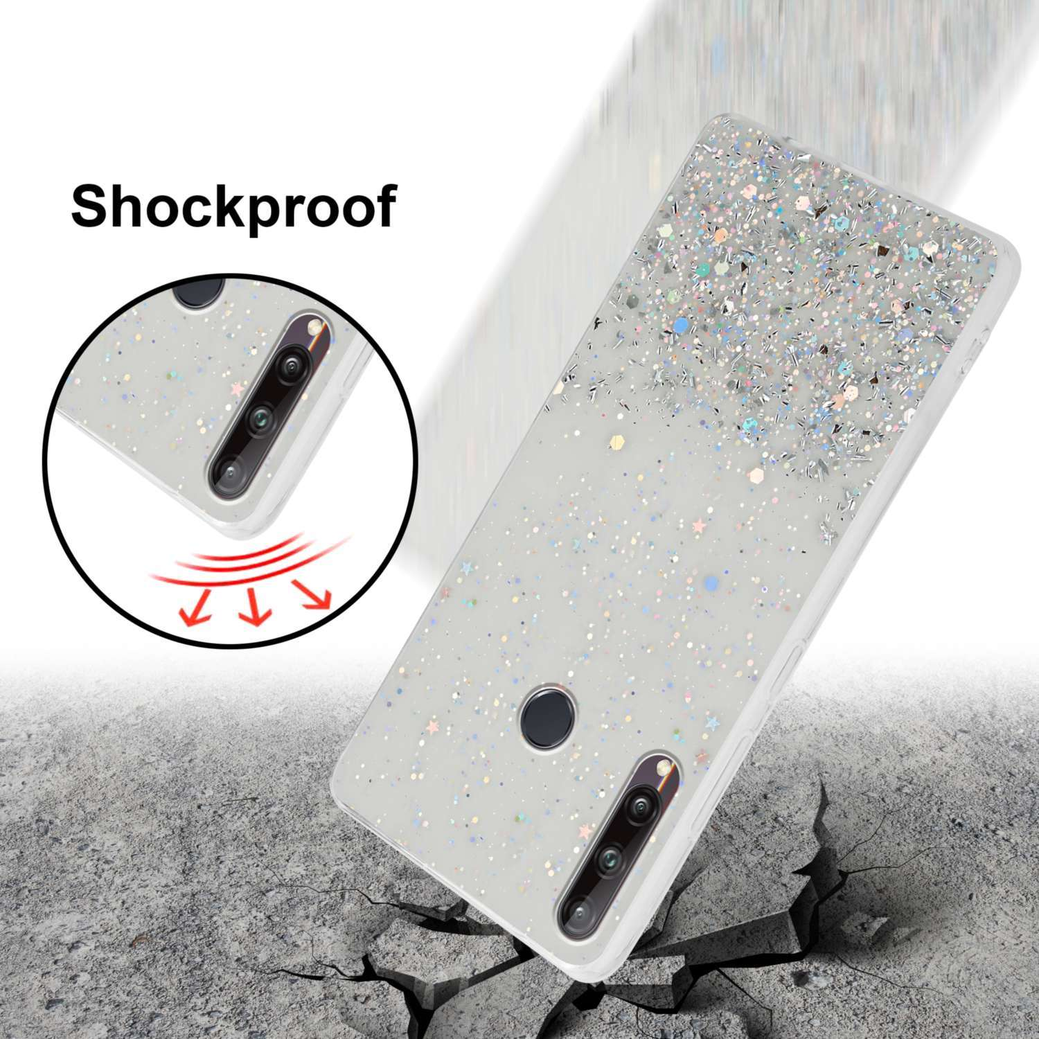 Glitzernde Handyhülle mit Rissen am Boden. Zeigt die Kamera. Die Hülle ist stoßfest.
