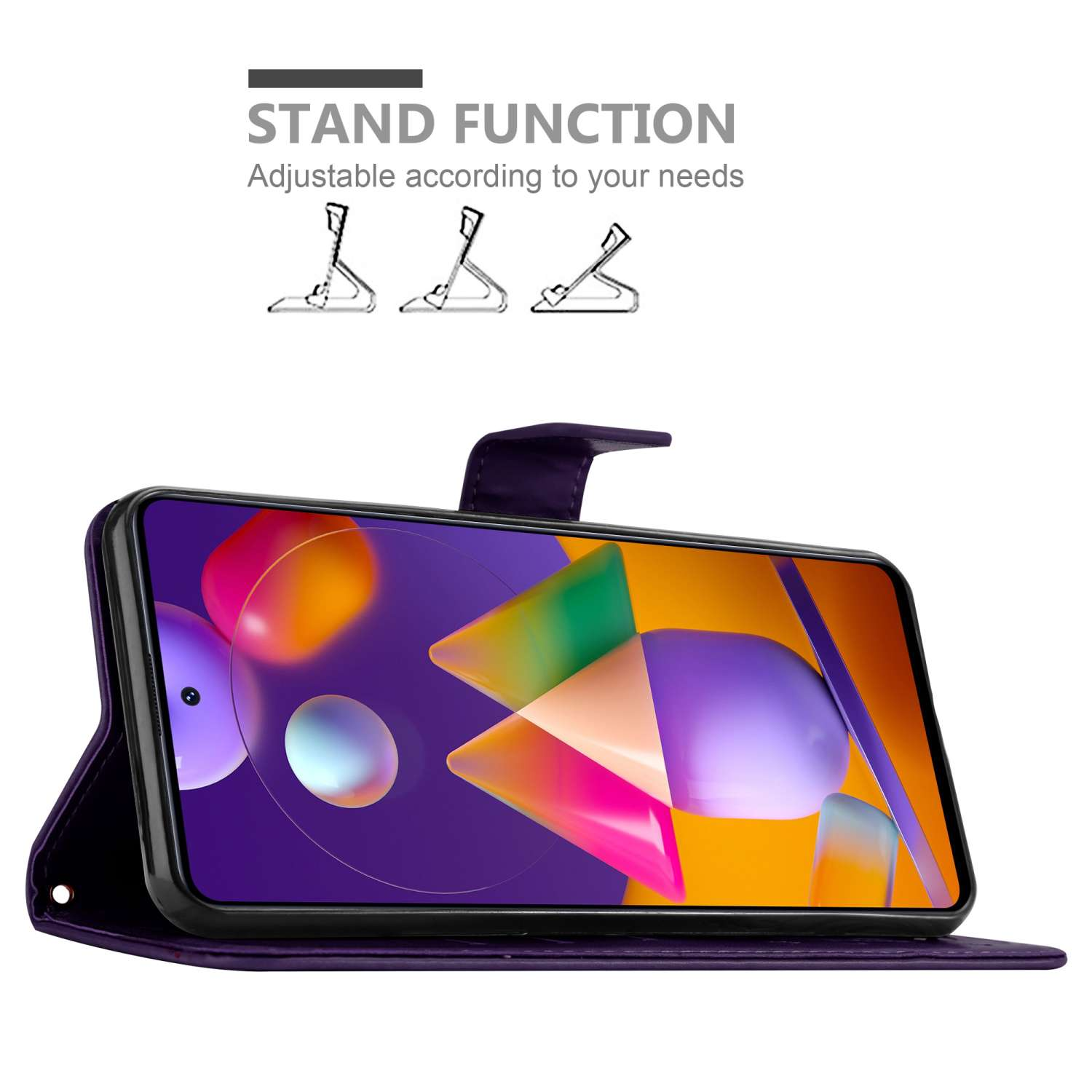 Un telefono è visualizzato all'interno di una custodia viola. La custodia ha una funzione di supporto.