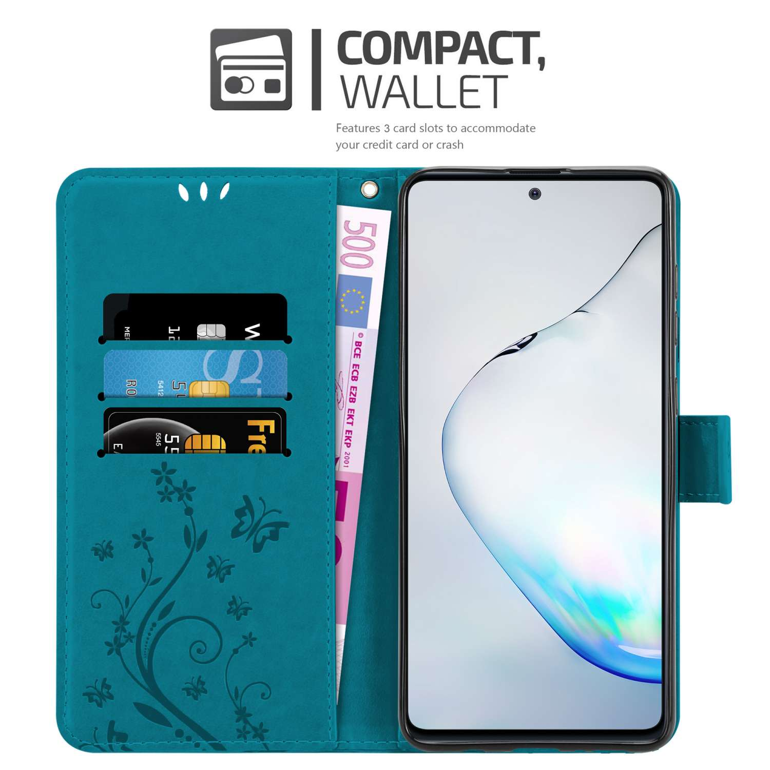 Custodia a portafoglio per telefono color verde acqua, con carte e denaro visibili. Presenta un design floreale.
