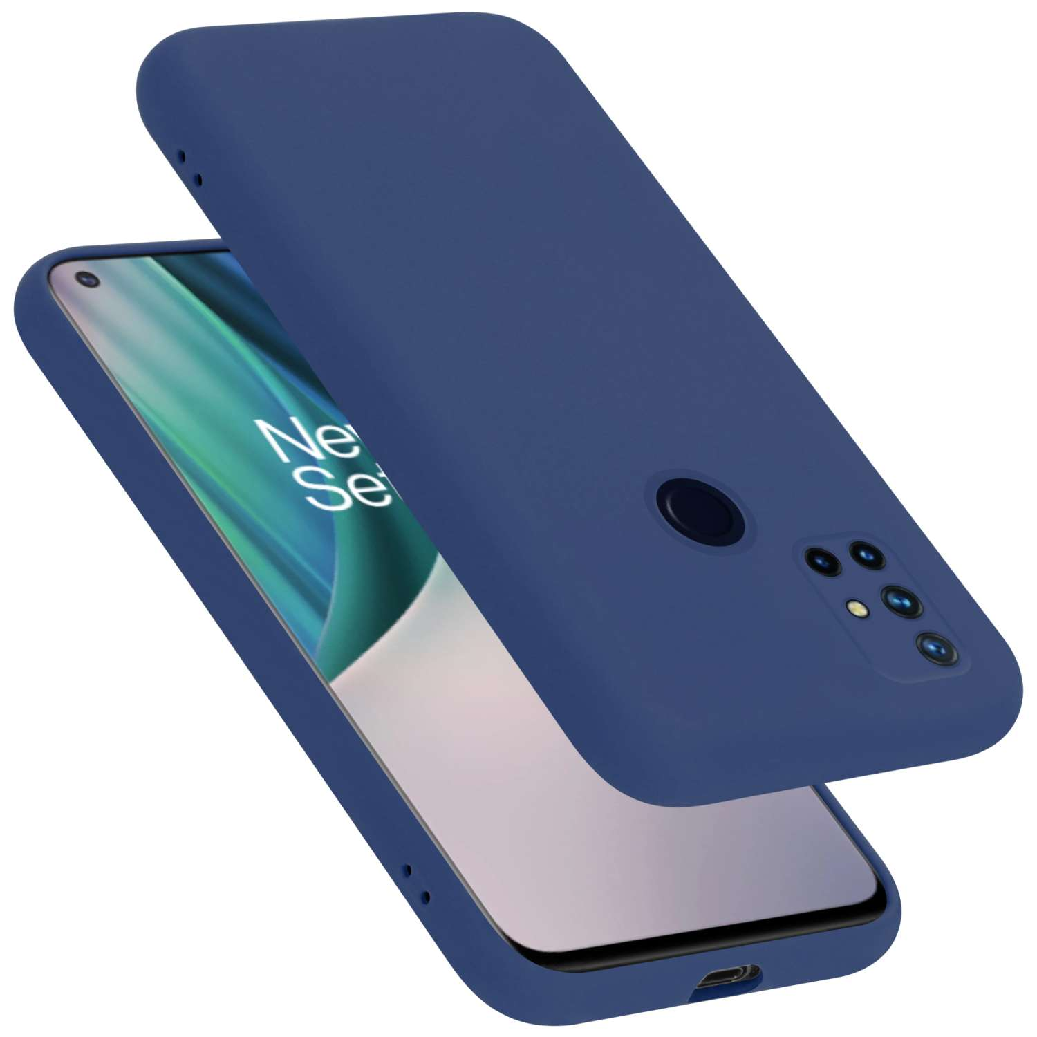 Blaue Handyhülle und Telefon. Dunkler Hintergrund. Das Telefon ist leicht geneigt.