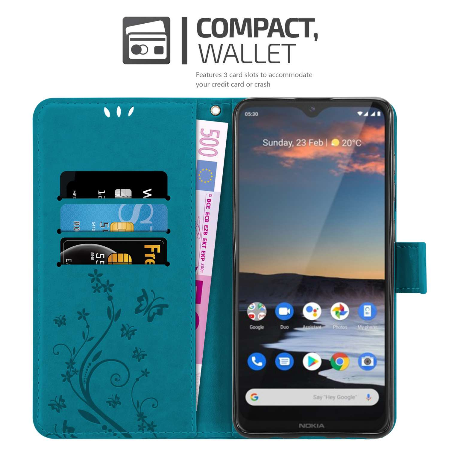Custodia per telefono color turchese, aperta. Carte e denaro all'interno. Lo schermo del telefono mostra l'ora e la data. Portafoglio compatto.