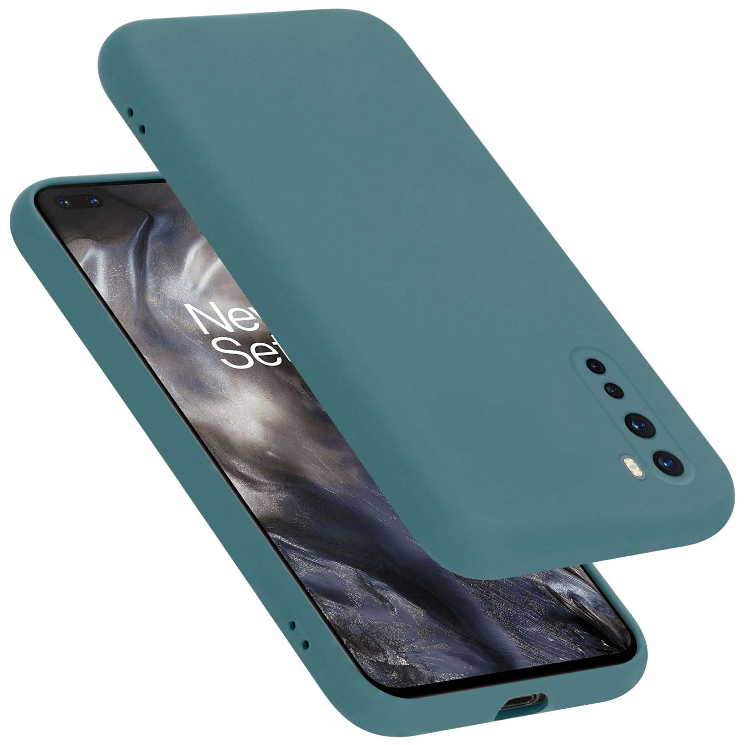 Custodia verde acqua su un telefono. Il telefono mostra il testo 'Ne'.