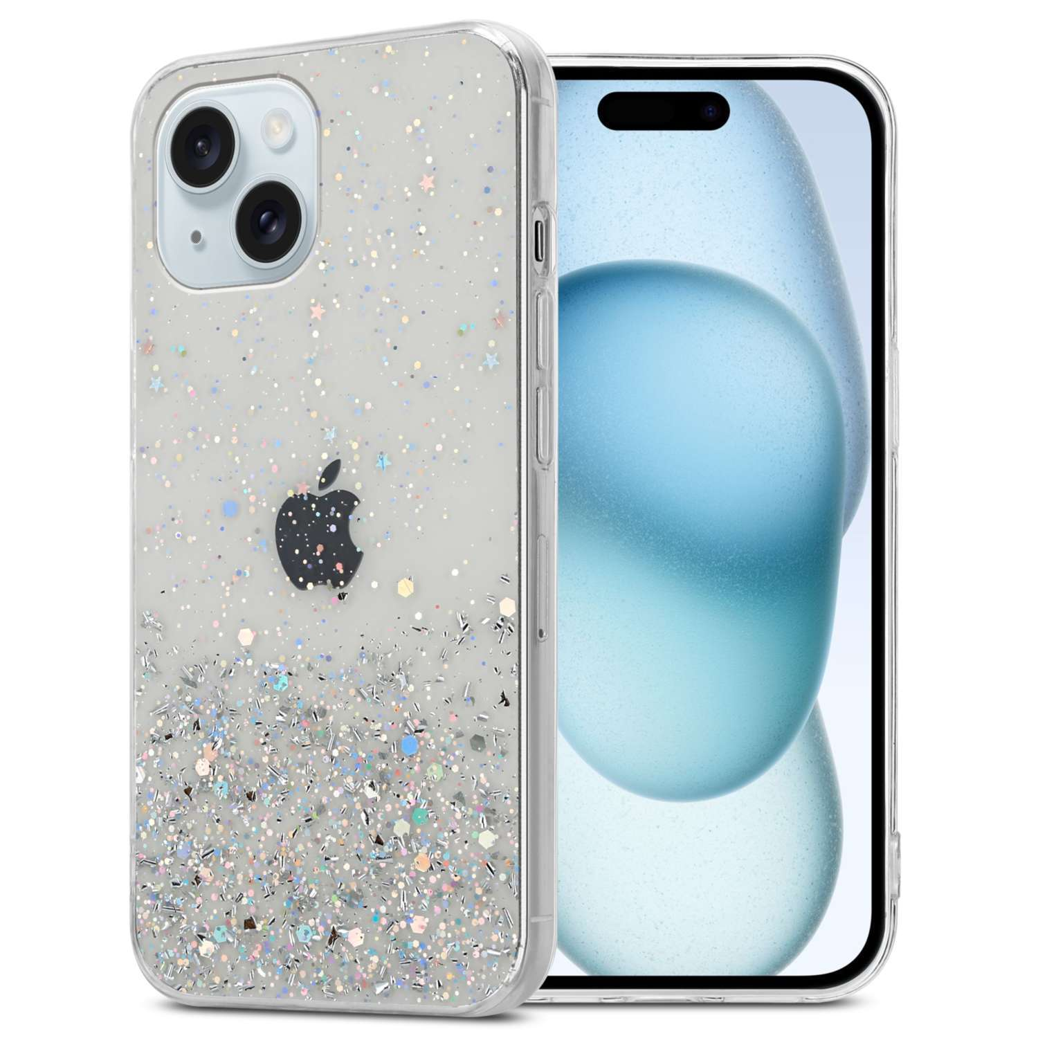 Funda de teléfono con purpurina, parte trasera con cámaras, frontal con pantalla, fondo blanco.