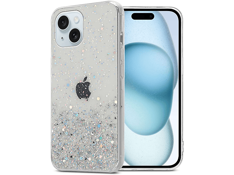 CADORABO Schutzhülle mit funkelnden Glitter, Backcover, Apple, iPhone 15, Transparent mit Glitter