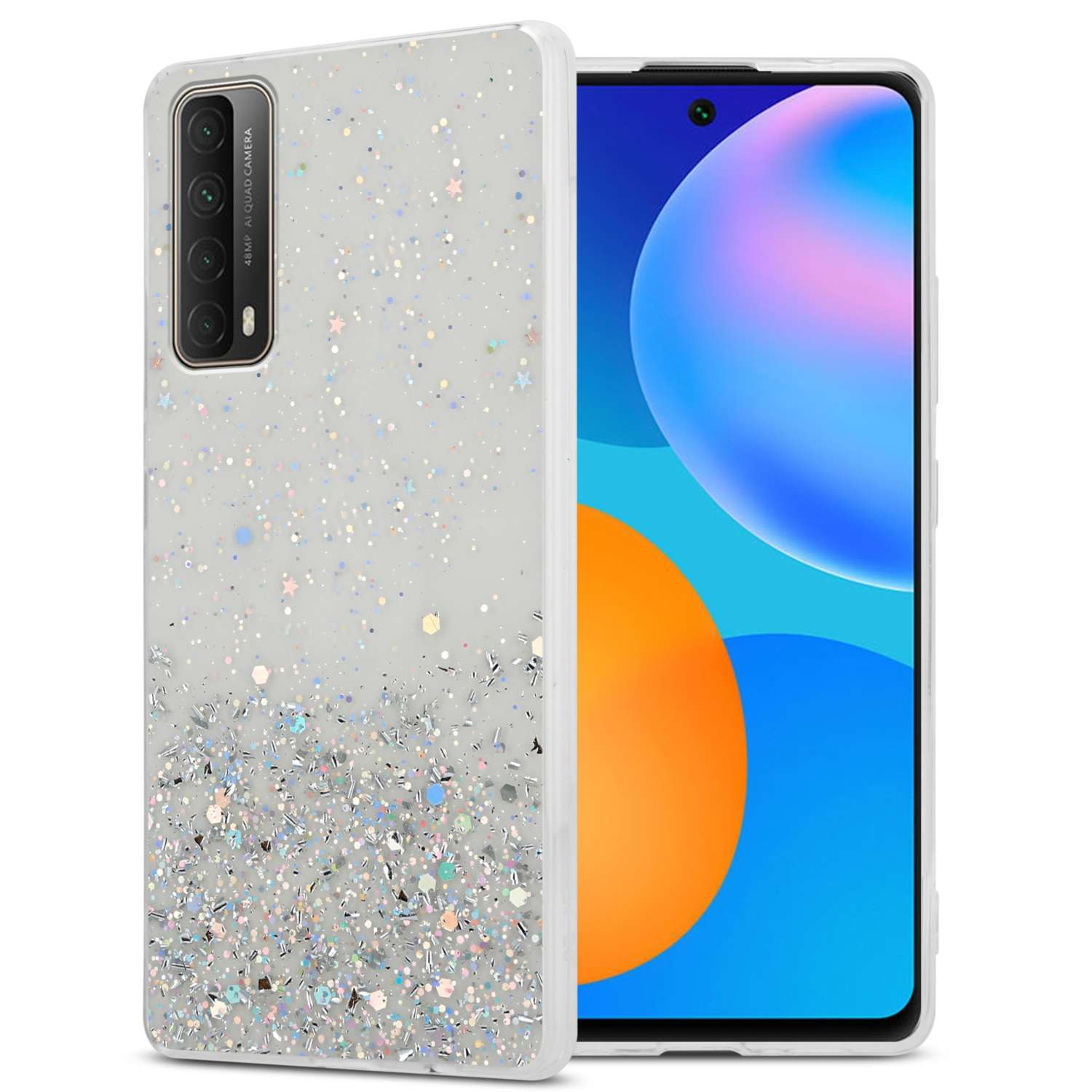 Una custodia trasparente con glitter copre un telefono con un display sfumato arancione e blu.