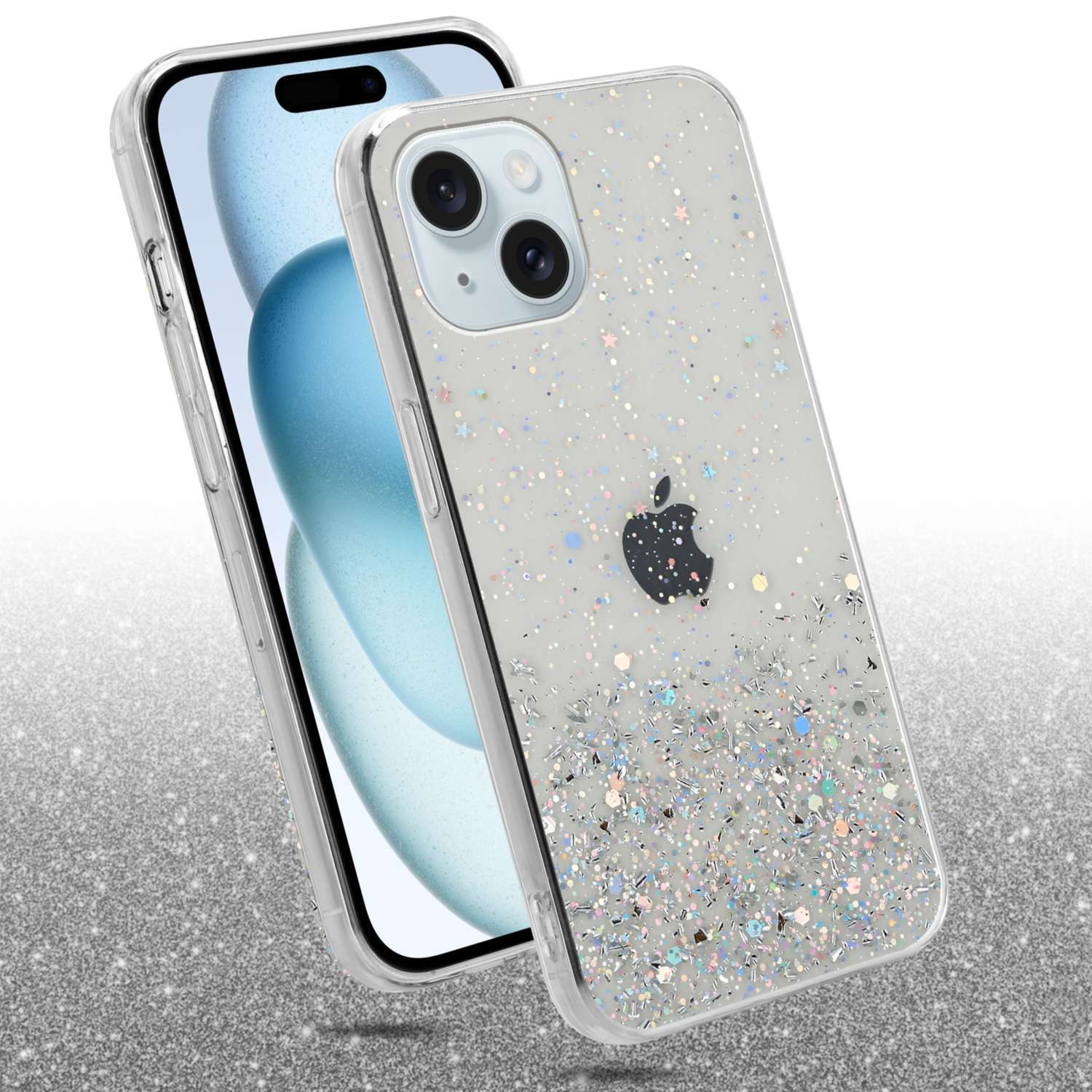 Una funda de teléfono con purpurina se presenta junto a un teléfono. La funda tiene un logotipo de Apple negro.