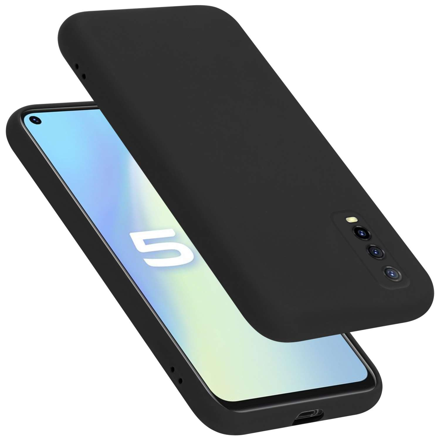 Schwarze Handyhülle mit einem Telefonbildschirm. Der Bildschirm zeigt eine weiße '5'. Die Hülle ist nach oben abgewinkelt.