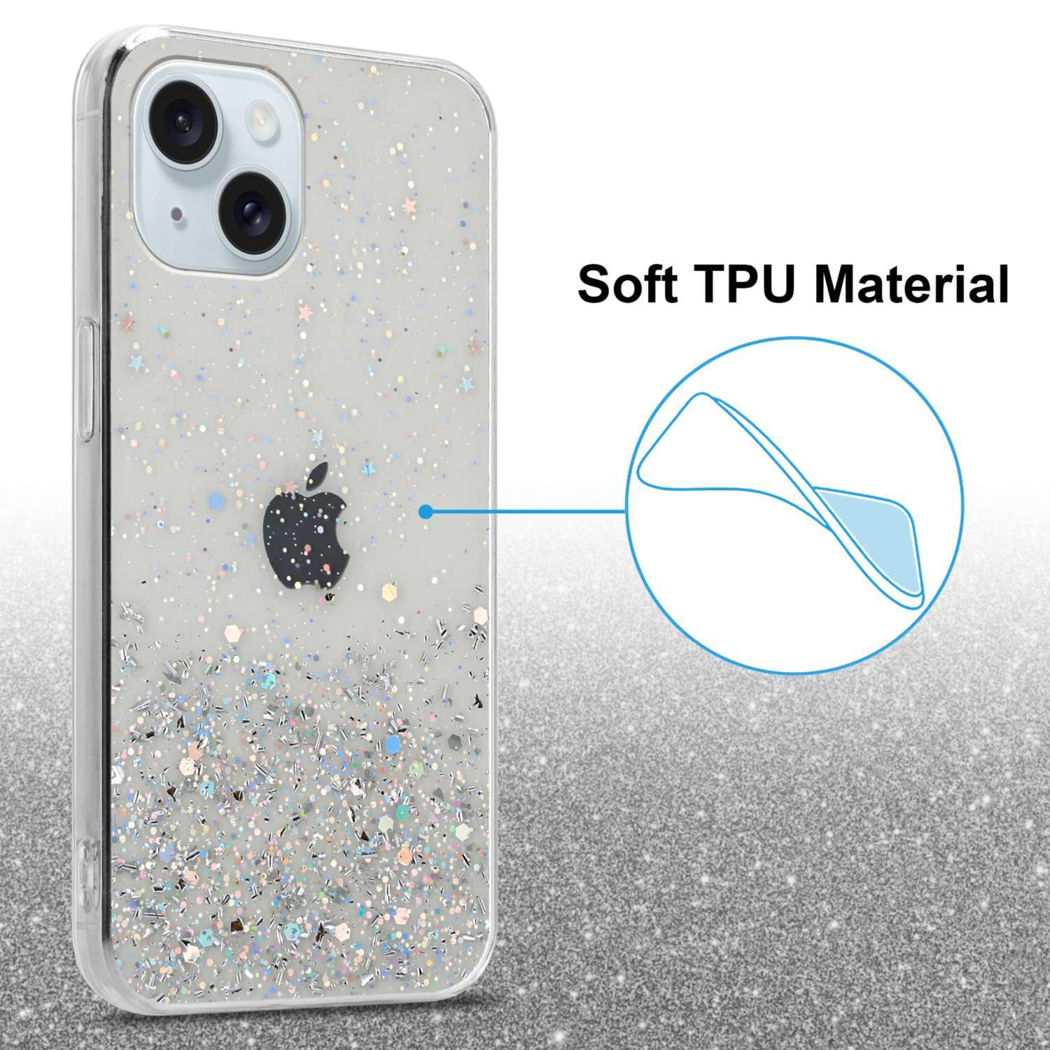 Funda de teléfono con purpurina sobre una superficie brillante.