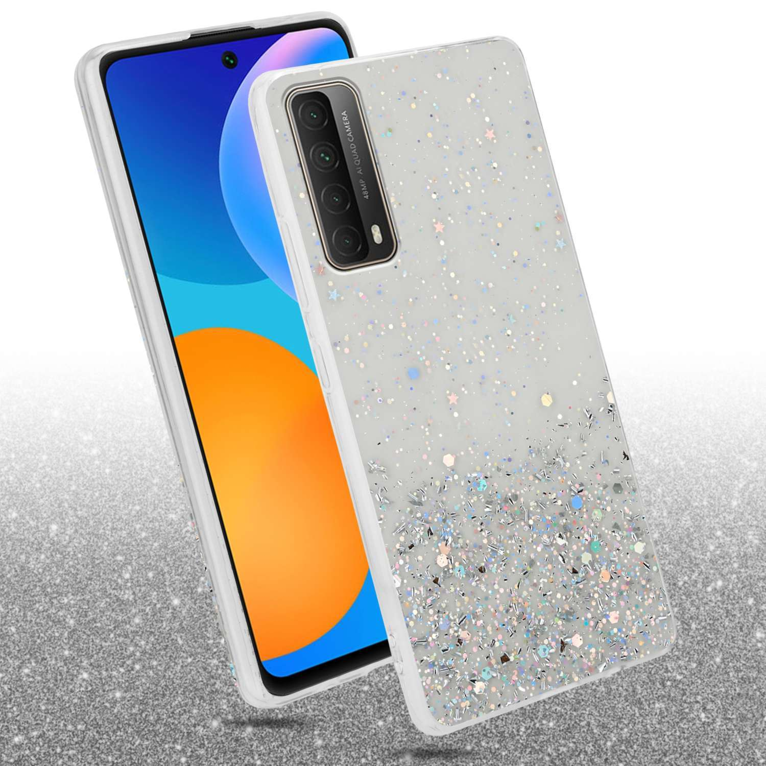 Custodia per telefono glitterata con stelle argentate, il telefono a sinistra mostra arancione e blu.