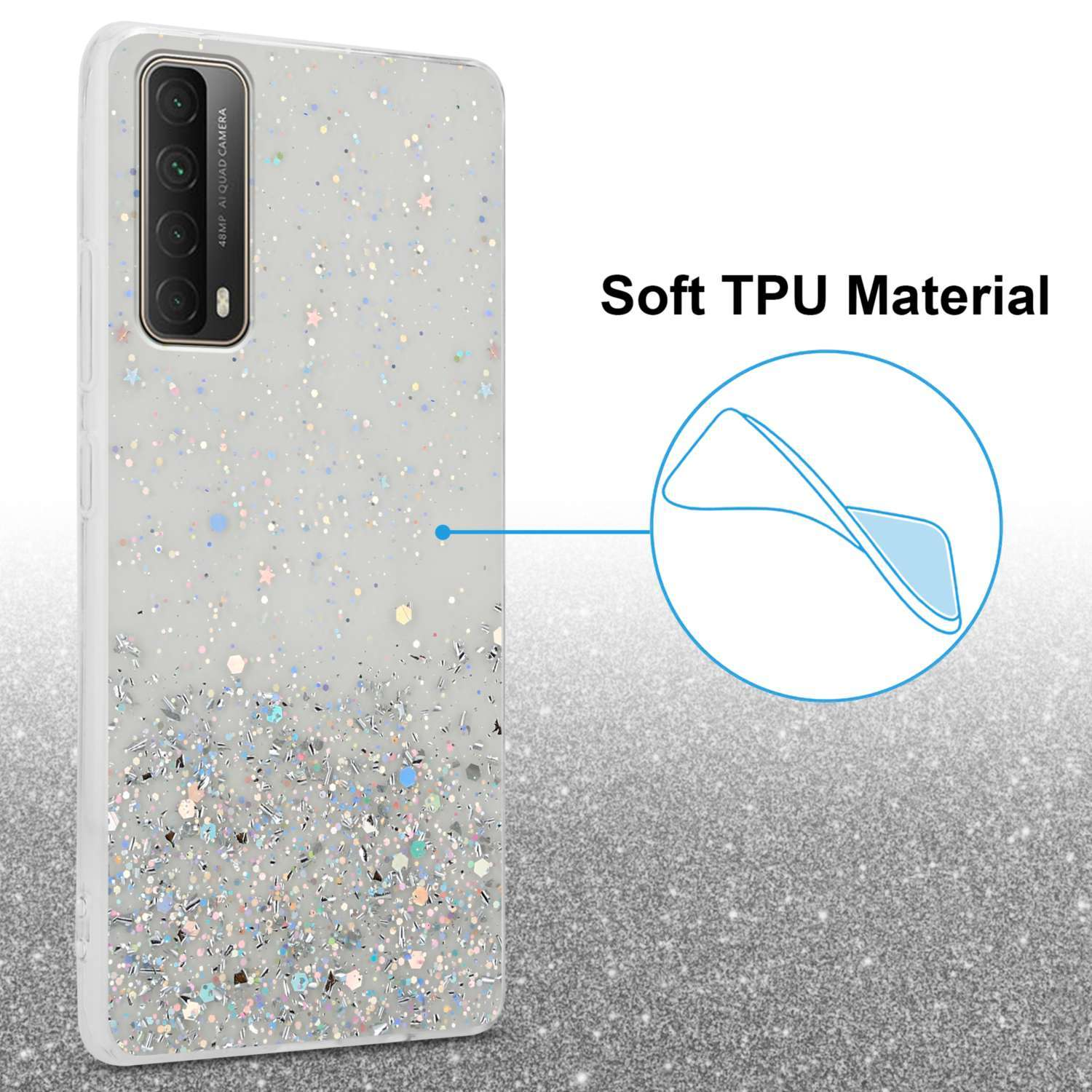 Un telefono con una custodia glitterata e le parole 'Soft TPU Material' nell'immagine.