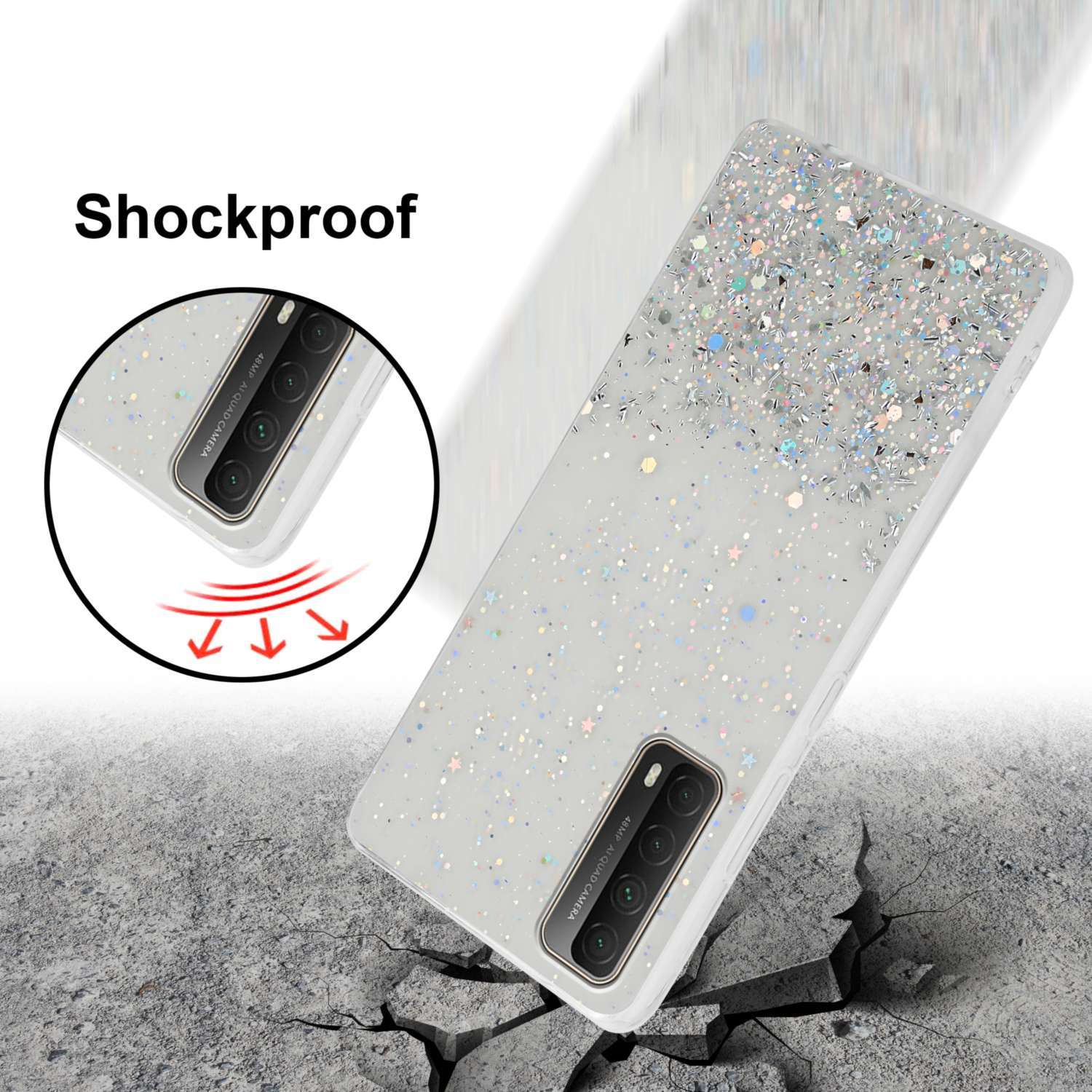 Custodia per telefono con design glitterato e un telefono, testo: Antiurto. Un telefono rompe una superficie.