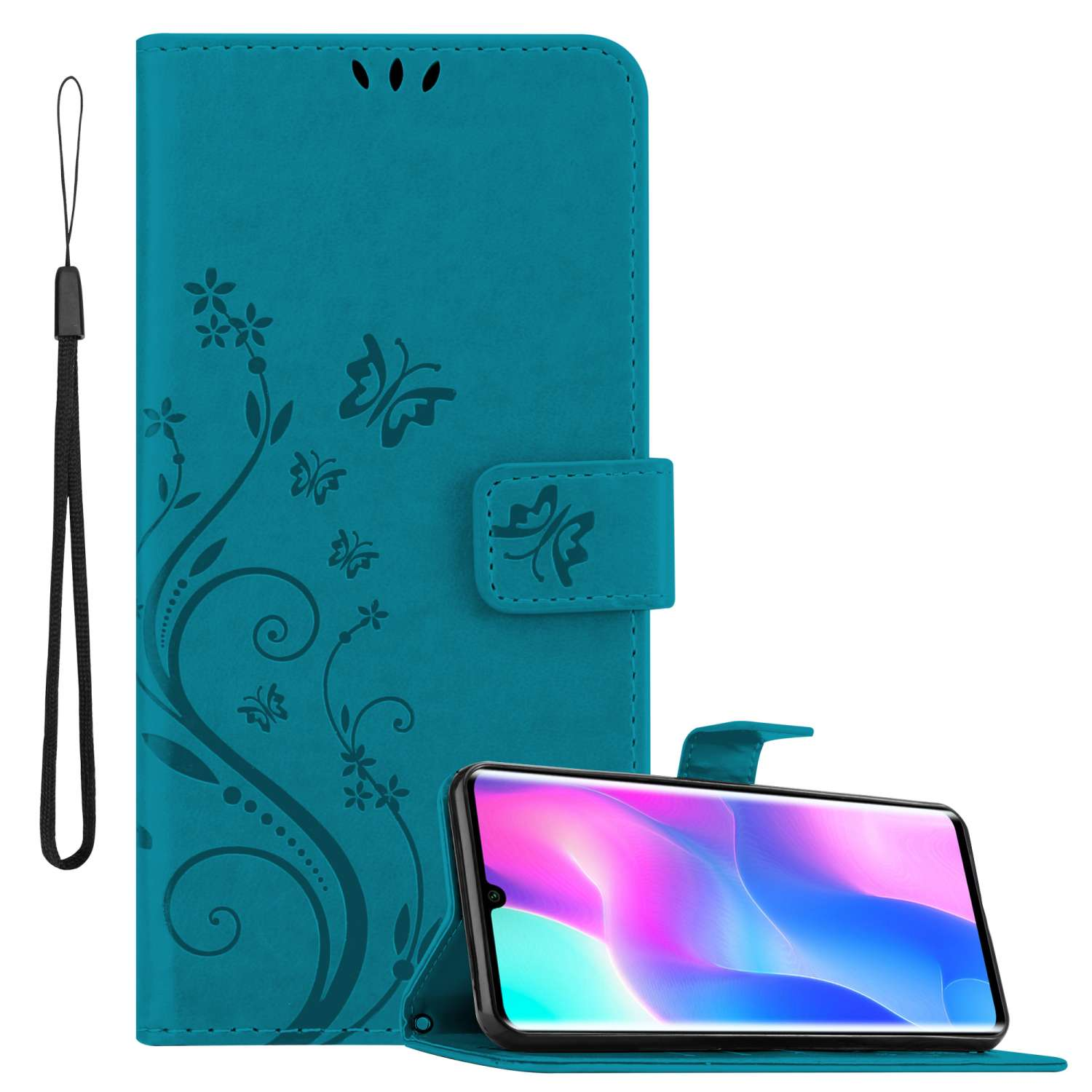 Custodia per telefono verde acqua con design floreale, un telefono all'interno e un cinturino nero su sfondo bianco.