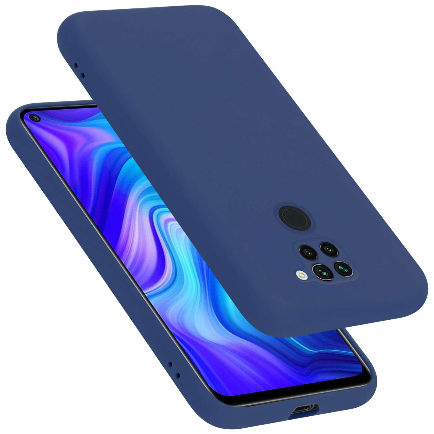 Custodia blu navy con telefono. Lo sfondo è bianco.