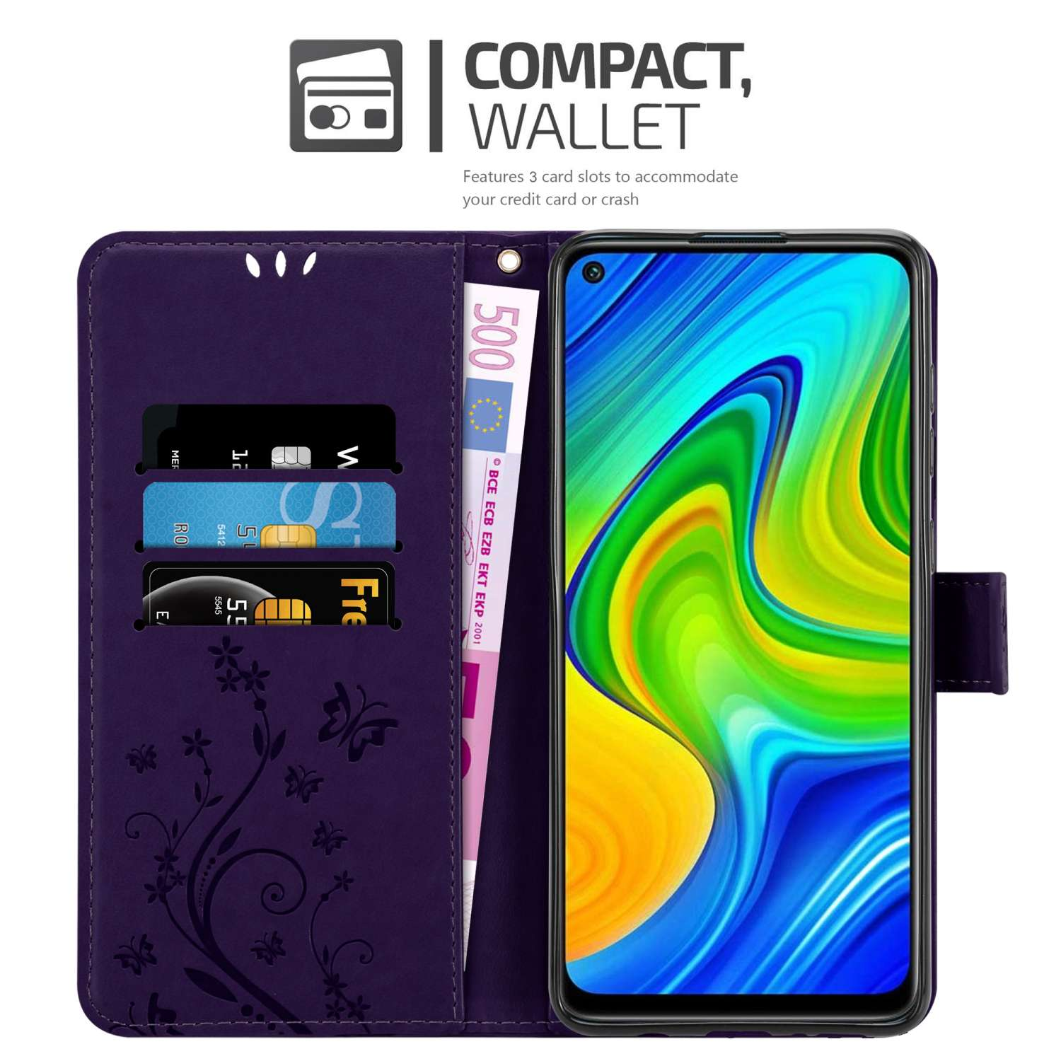 Custodia a portafoglio per telefono viola con carte e denaro. C'è un telefono dentro.