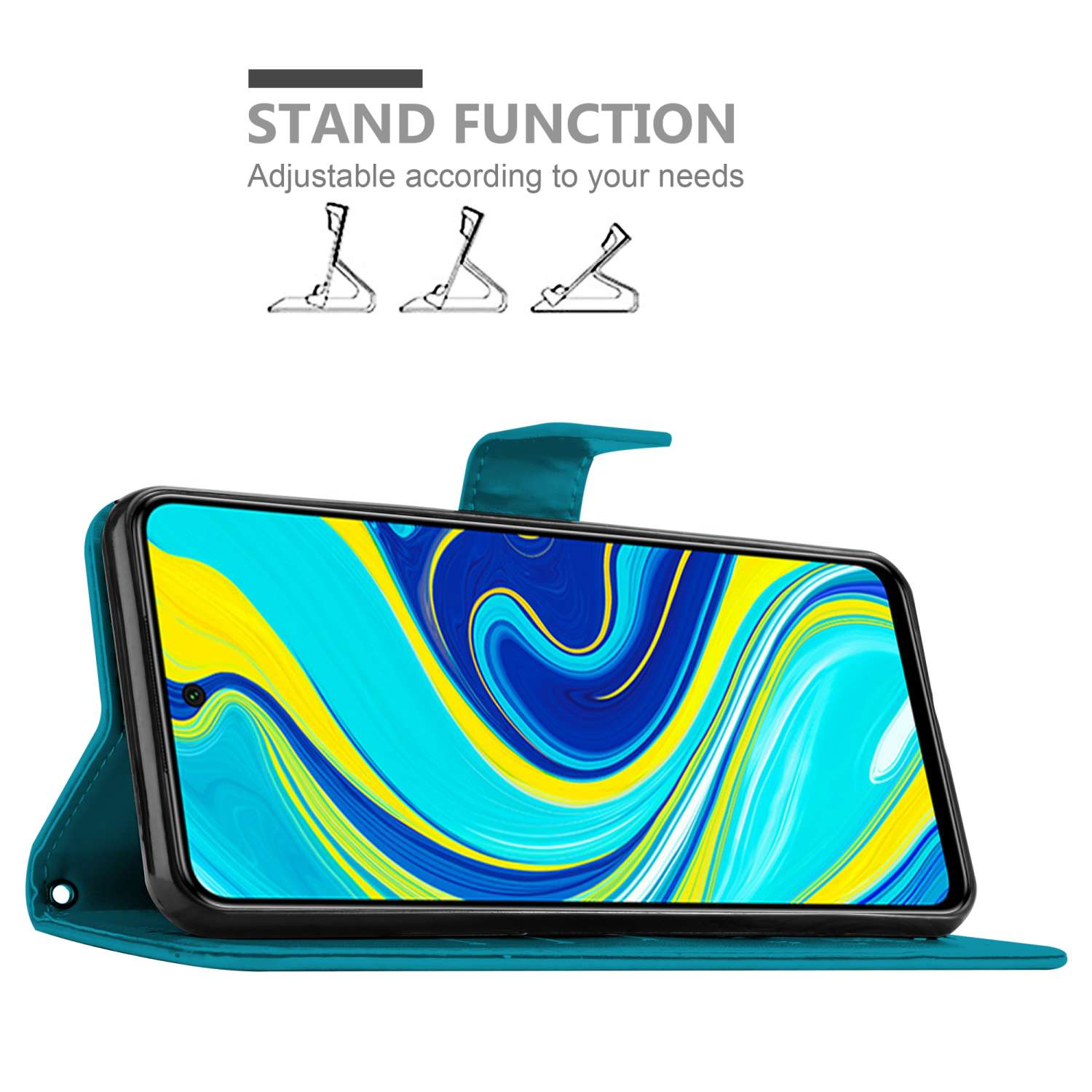 Custodia per telefono verde acqua con telefono aperto che mostra arte astratta blu e gialla, con funzione stand.