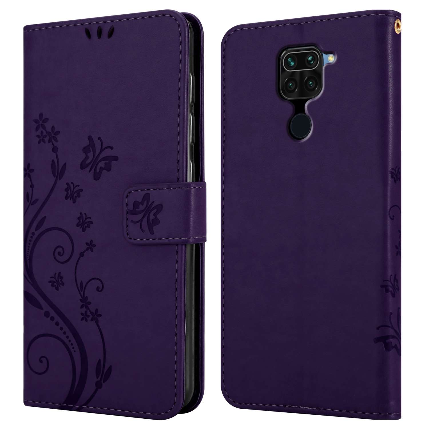 Una custodia per telefono viola con un design a farfalla, con stile a portafoglio aperto.