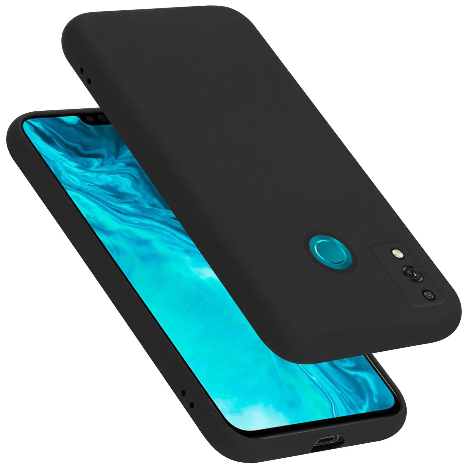 Eine schwarze Handyhülle und ein Telefon mit sichtbarem Bildschirm. Die Hülle ist offen.