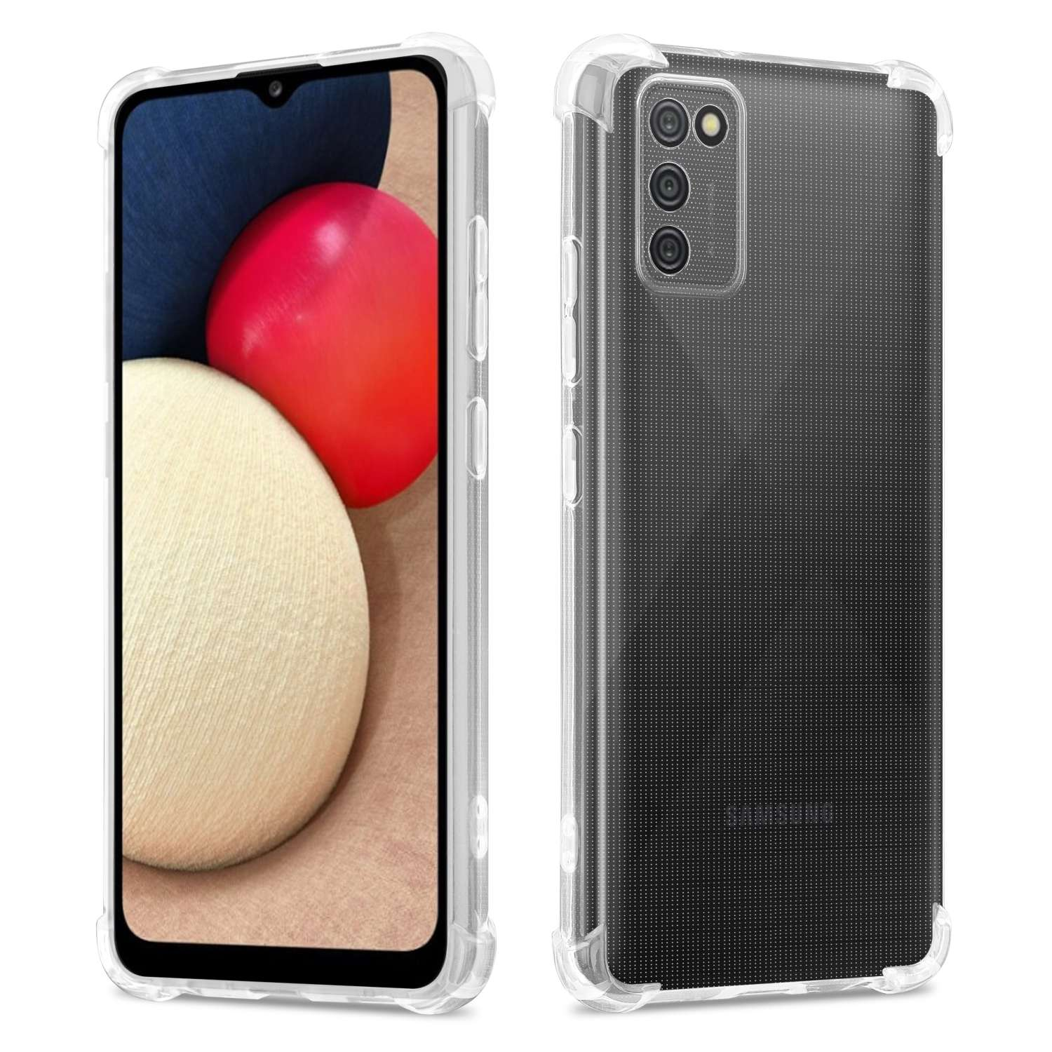Custodia trasparente per telefono con schermo nero che mostra un design rosso e bianco.