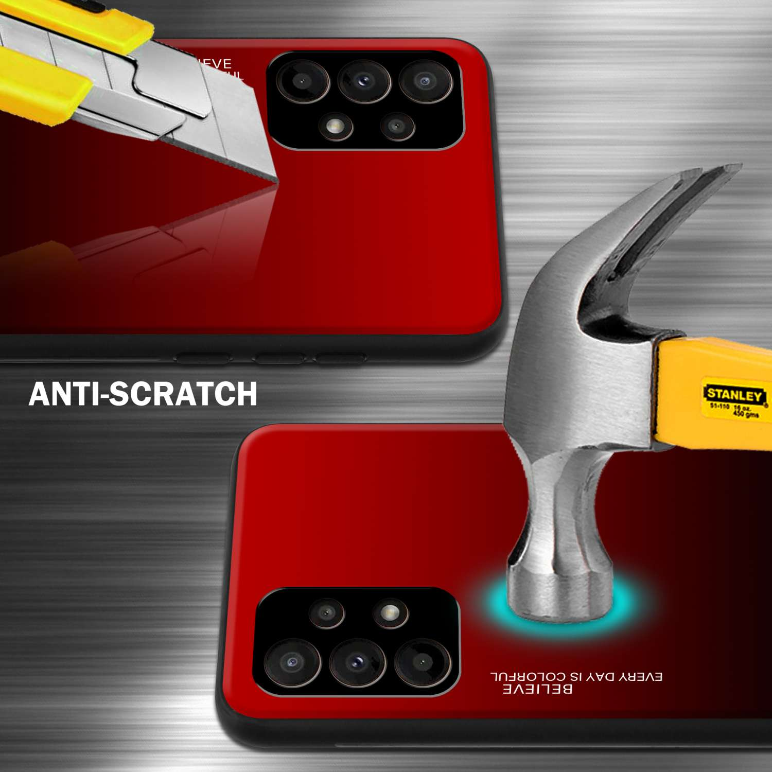 Schermo del telefono con protezione in vetro e martello. Testo antigraffio. Colori rosso e nero.