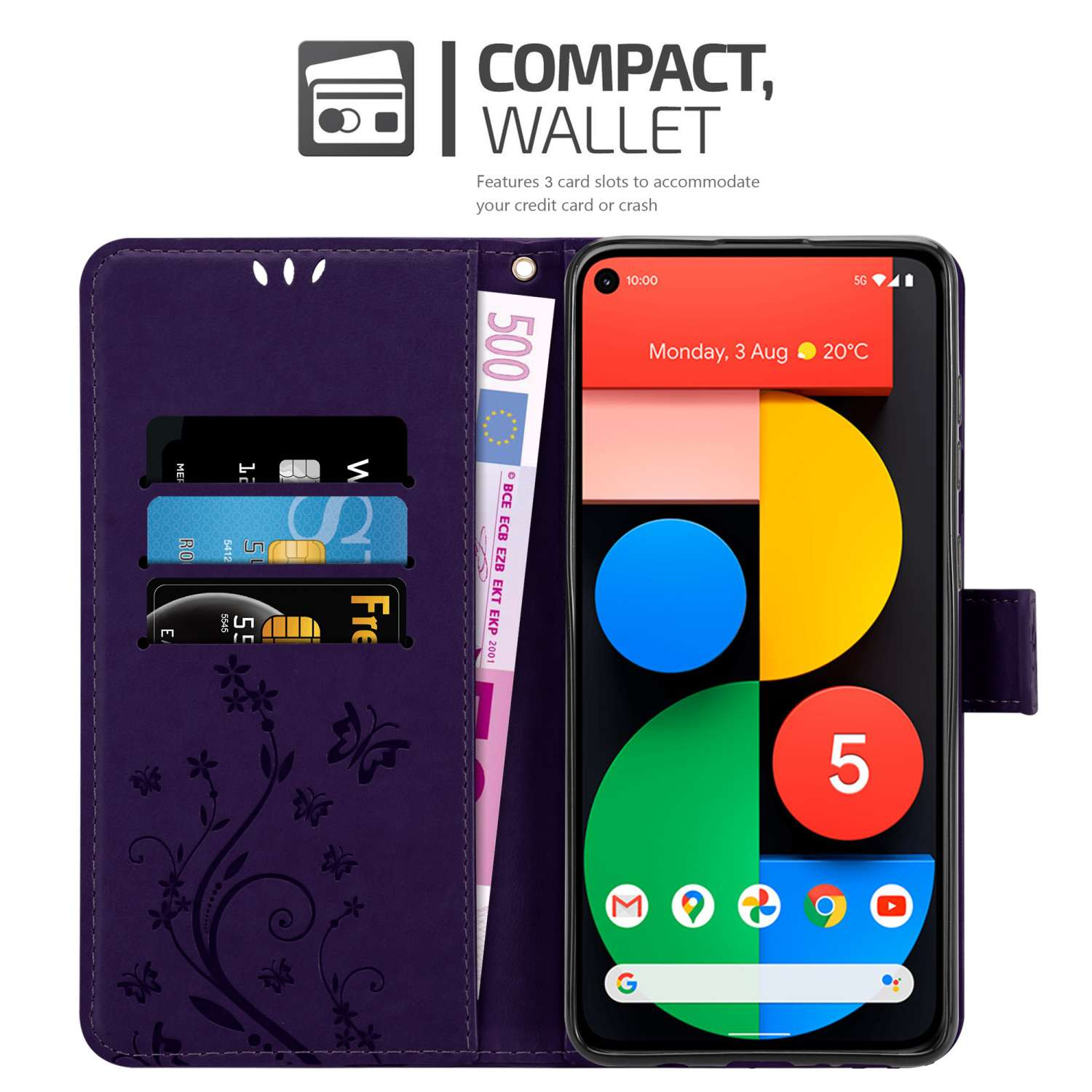 Custodia viola aperta con carte e denaro. Schermo del telefono visibile, ora e data visualizzate.